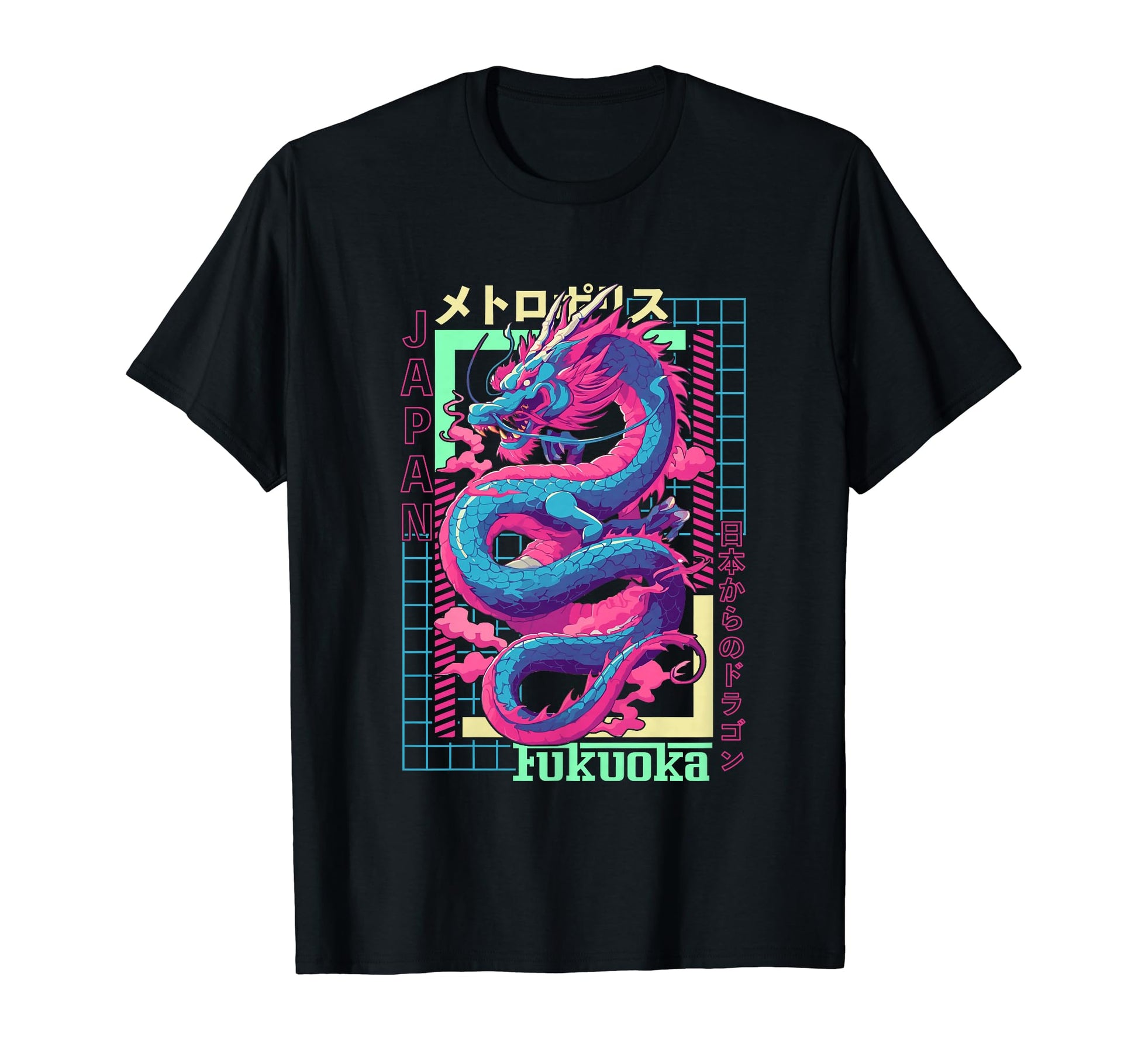 Fukuoka City Synthwave 80S Dragon Asian T-Shirt - Trendy Graphic Unisex - T-Shirt, Sweatshirt, Hoodie