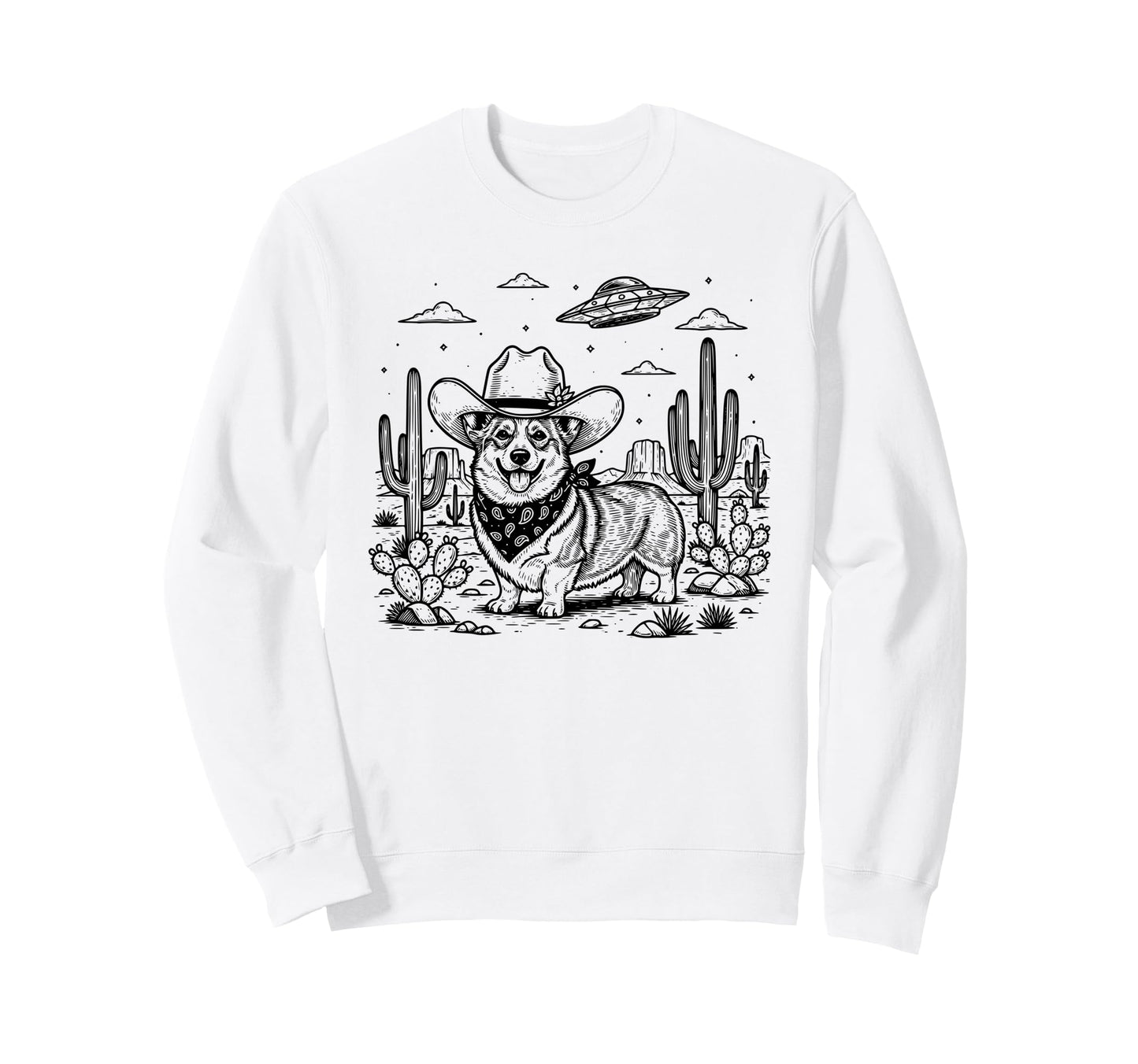 Western Corgi Cowboy Ufo Dog Sweatshirt - Graphic Print Men Women - T-Shirt, Sweatshirt, Hoodie