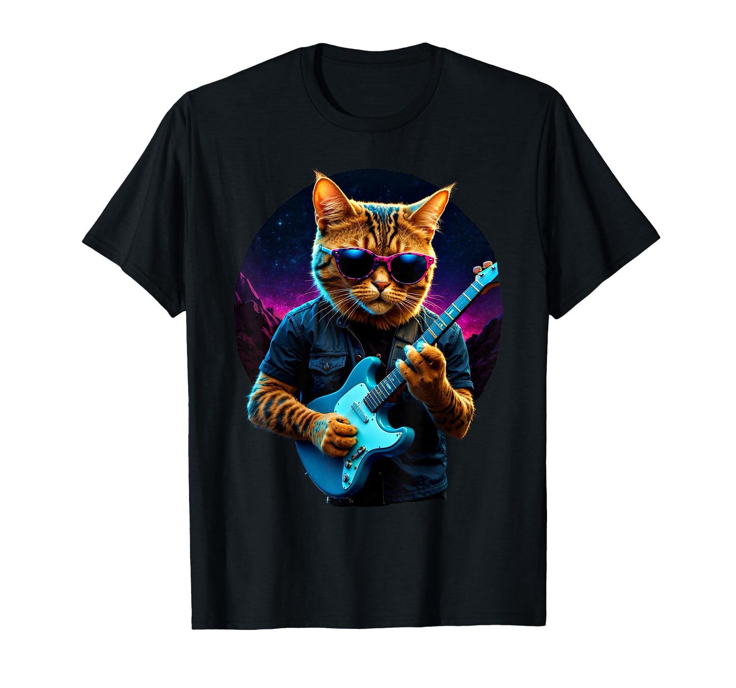 Rock Cat Playing Guitar Vaporwave T-Shirt - Novelty Apparel for Adults - T-Shirt, Sweatshirt, Hoodie