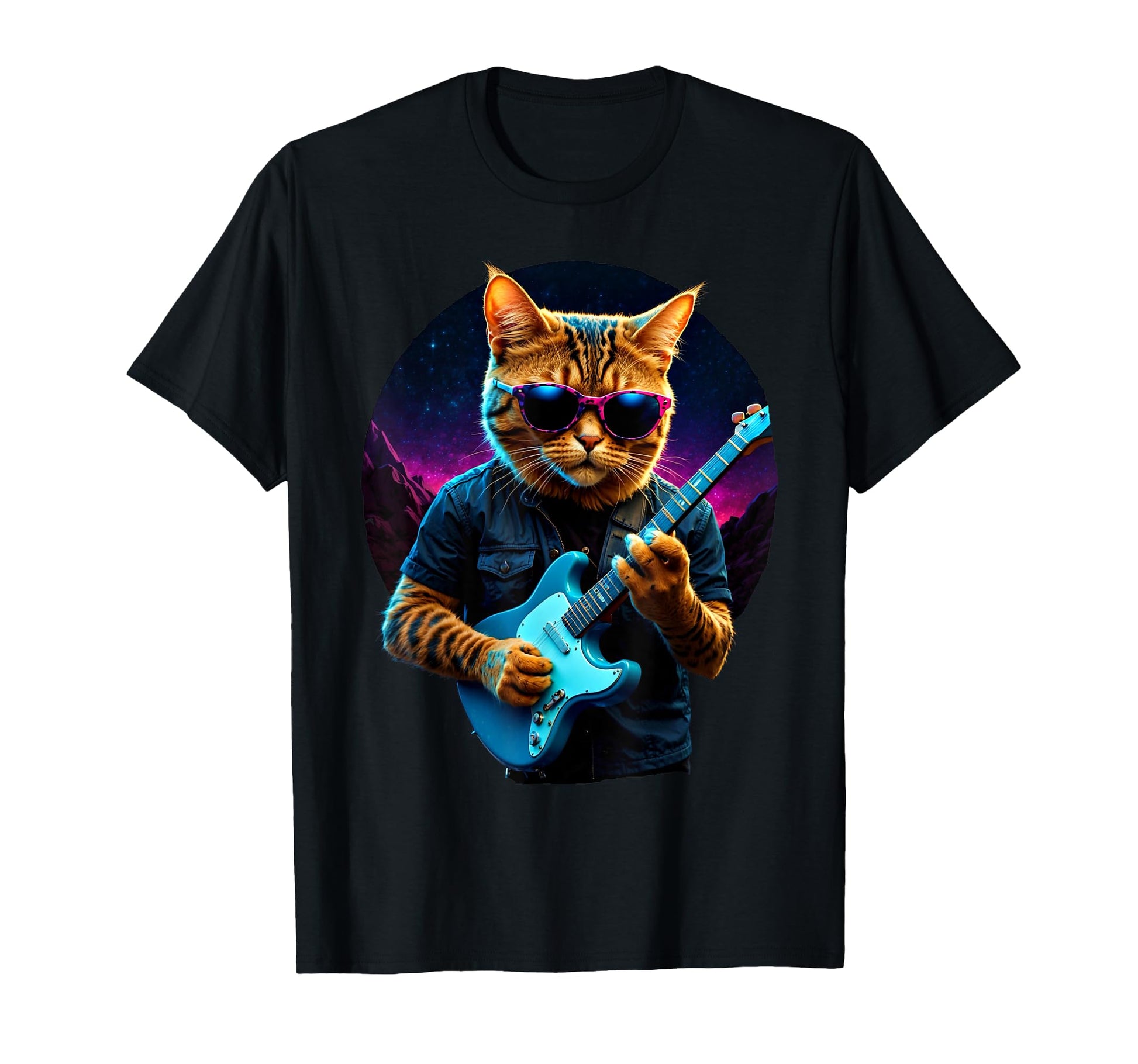 Rock Cat Playing Guitar Vaporwave T-Shirt - Novelty Apparel for Adults - T-Shirt, Sweatshirt, Hoodie
