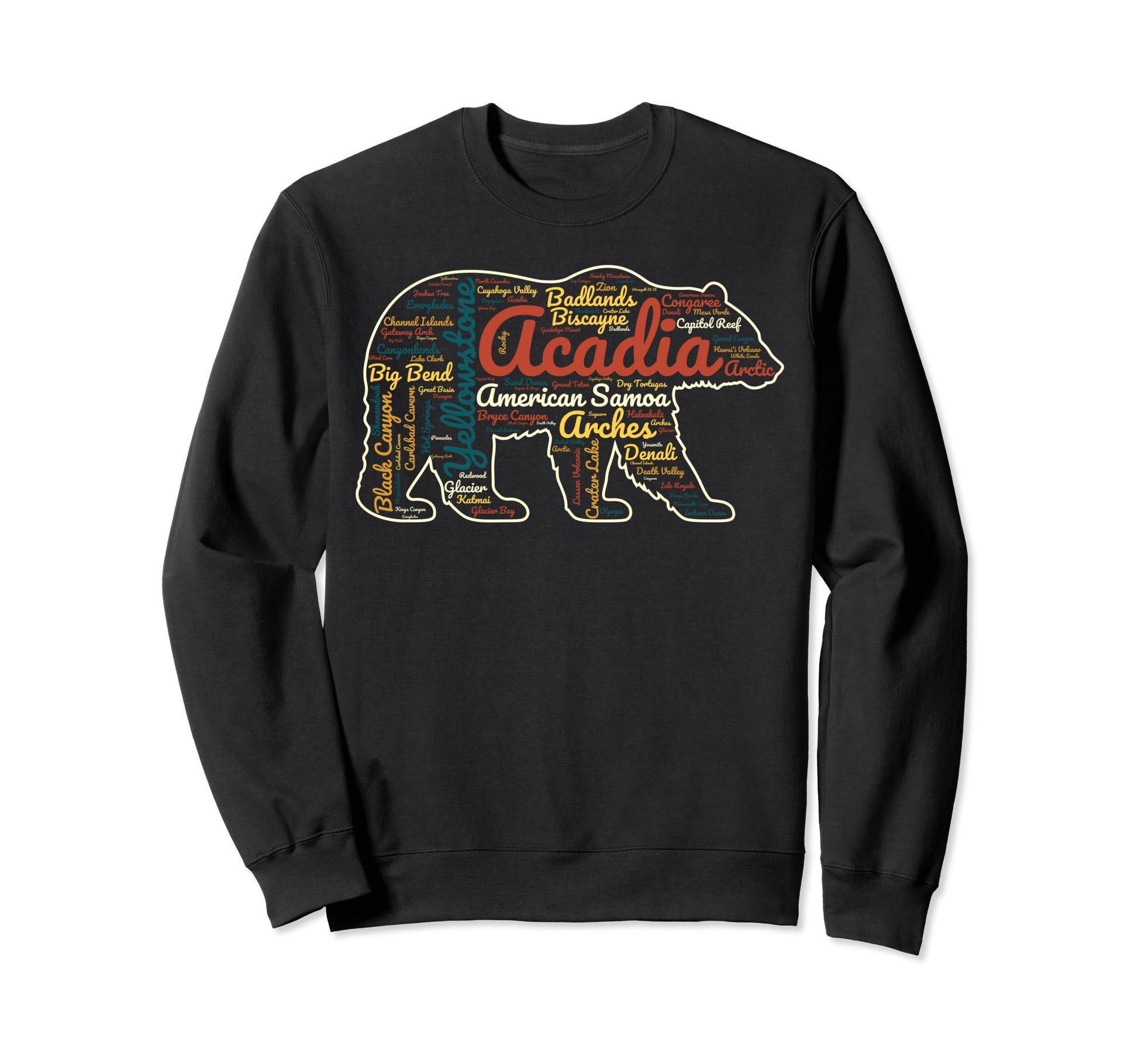 63 National Parks List Word Cloud Sweatshirt - Unique Graphic for Adults - T-Shirt, Sweatshirt, Hoodie