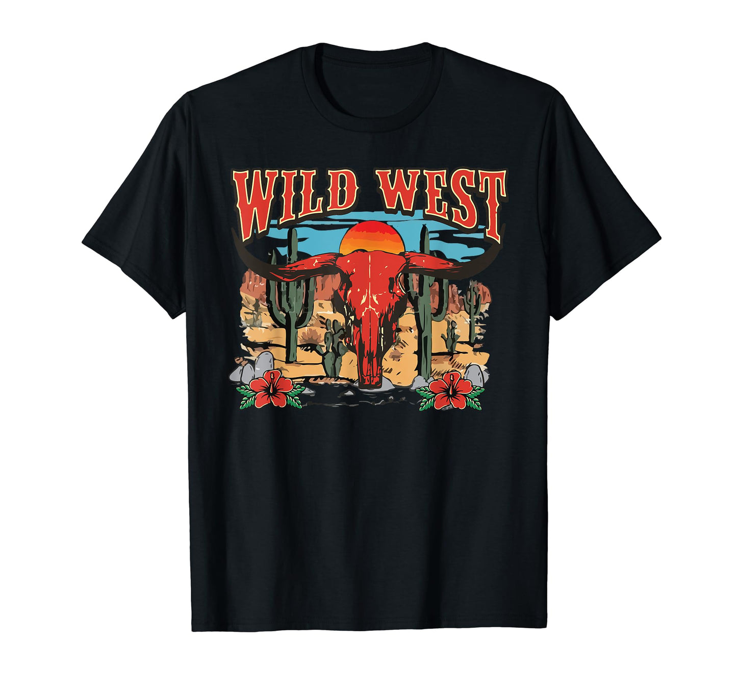 Wild West Cowboy Skull Floral Cowboy T-Shirt - Custom Art Print Men Women - T-Shirt, Sweatshirt, Hoodie