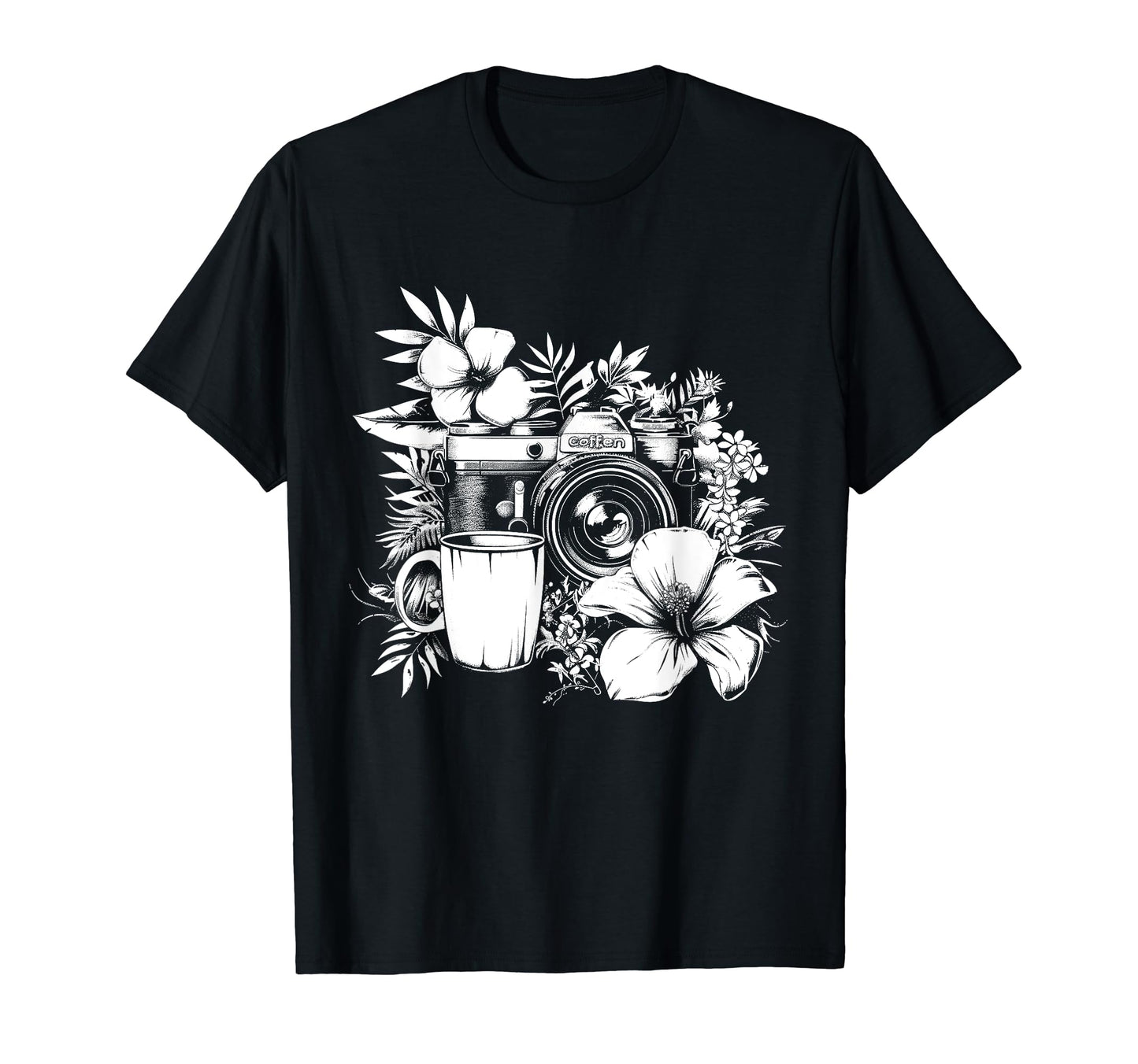 Photographer Coffee Camera Flowers T-Shirt - Custom Art Print for Adults - T-Shirt, Sweatshirt, Hoodie