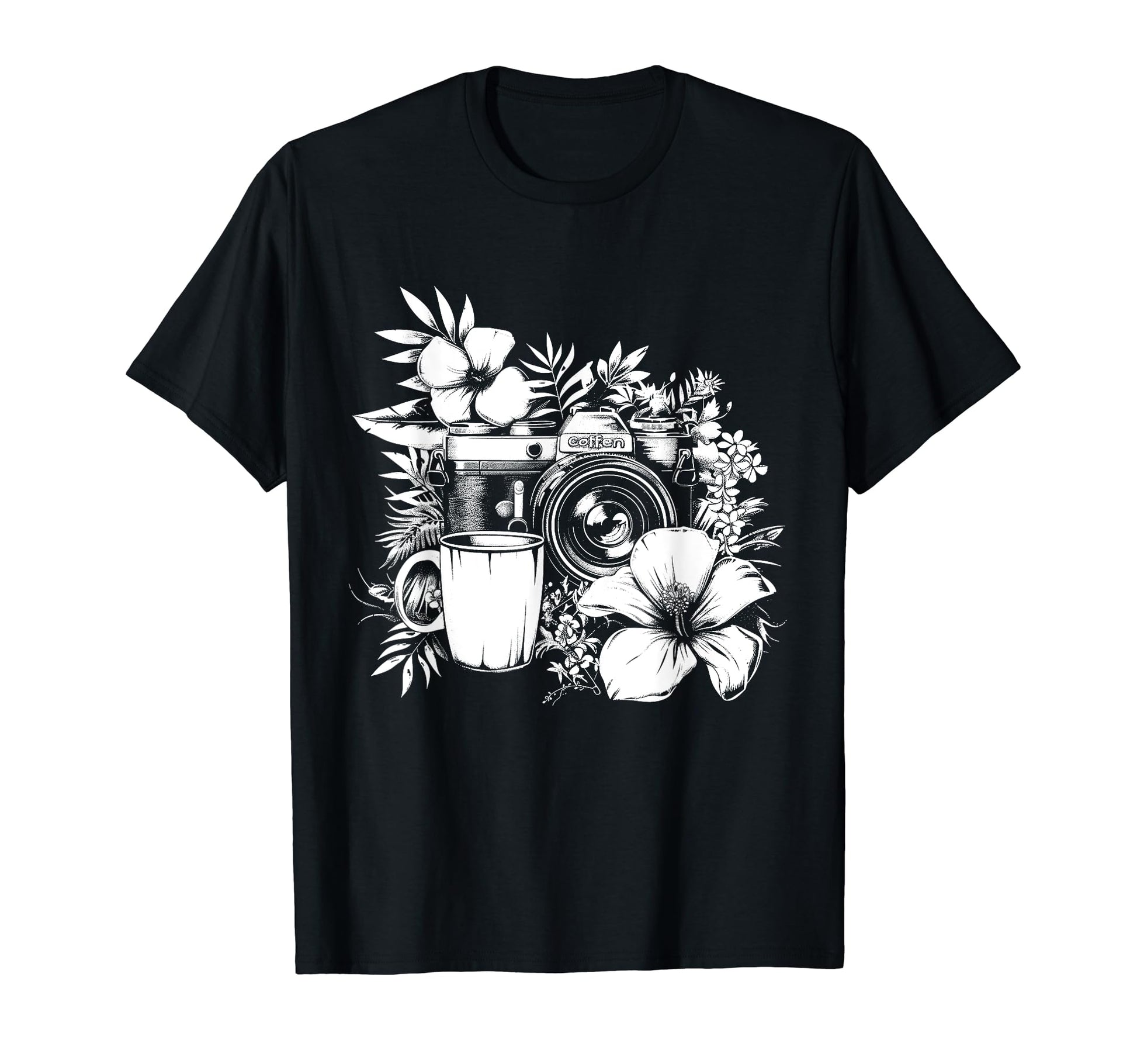 Photographer Coffee Camera Flowers T-Shirt - Custom Art Print for Adults - T-Shirt, Sweatshirt, Hoodie