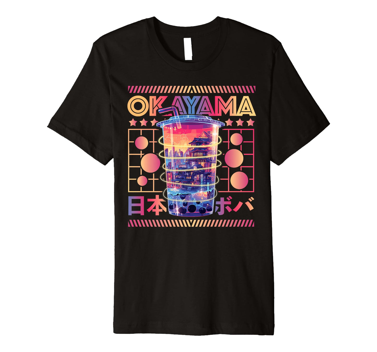 Okayama City 80S Synthwave Boba Tea T-Shirt - Graphic Print for Adults - T-Shirt, Sweatshirt, Hoodie