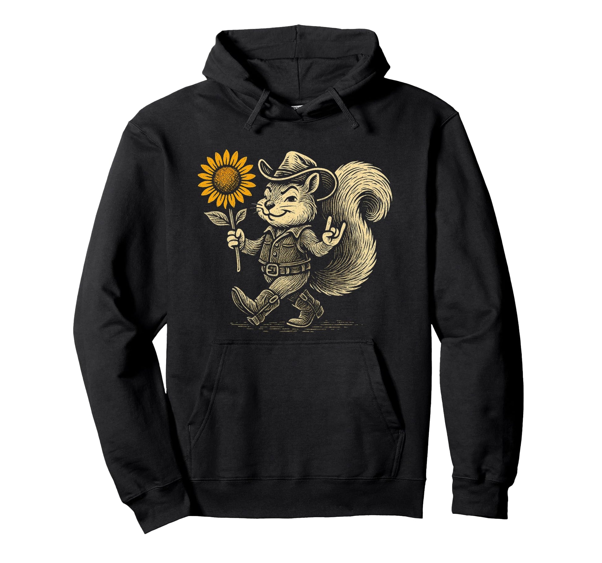Cowboy Squirrel Sunflower Western Hoodie - Custom Art Print Unisex - T-Shirt, Sweatshirt, Hoodie