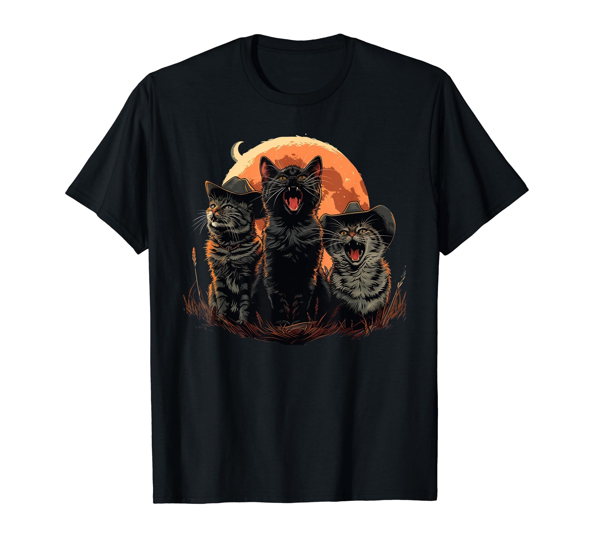 Cat Howling Moon Cowboy Funny T-Shirt - Graphic Print for Adults - T-Shirt, Sweatshirt, Hoodie