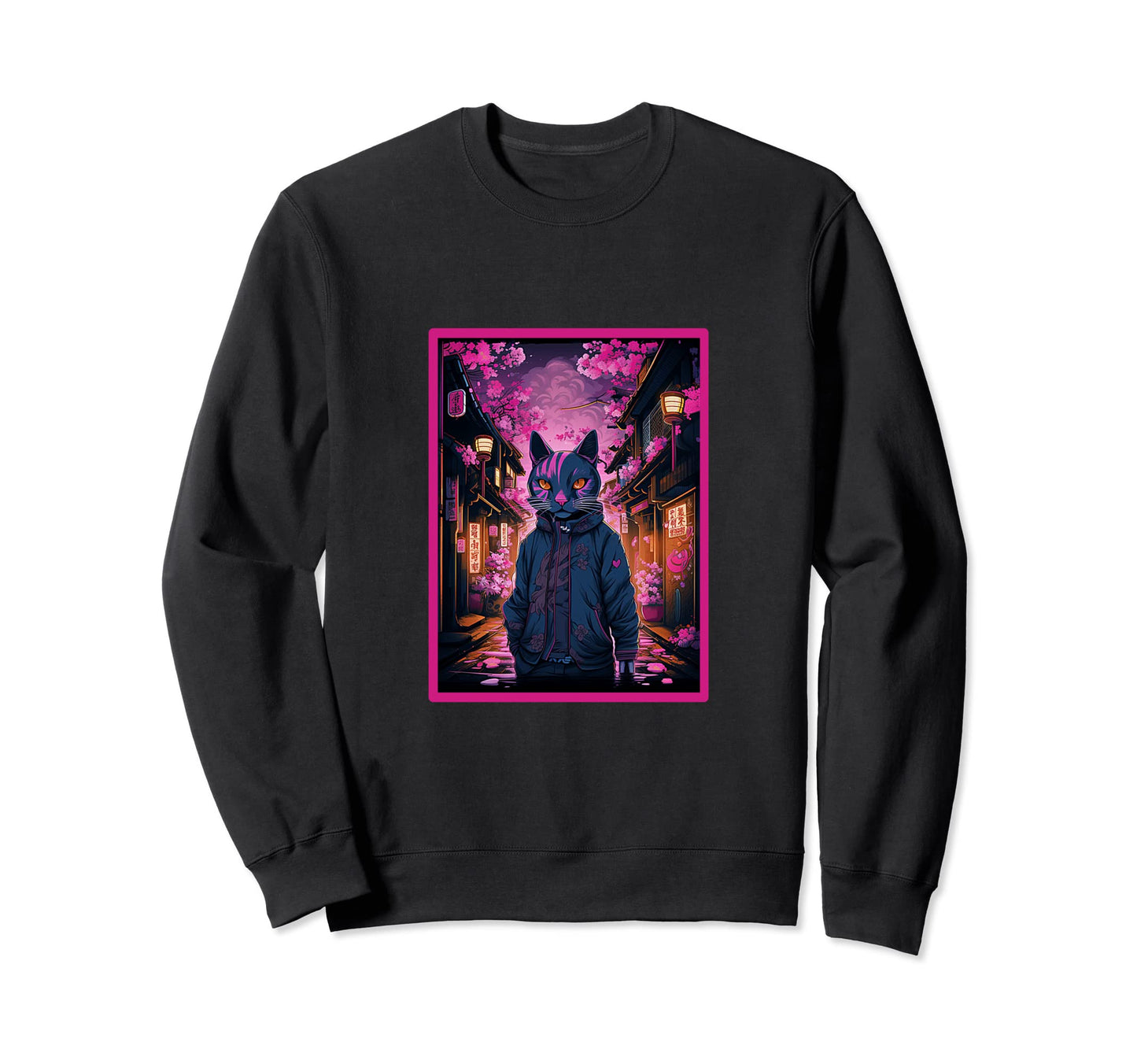 Synthwave Cat Cherry Blossom Japanese Sweatshirt - Minimalist Print Unisex - T-Shirt, Sweatshirt, Hoodie