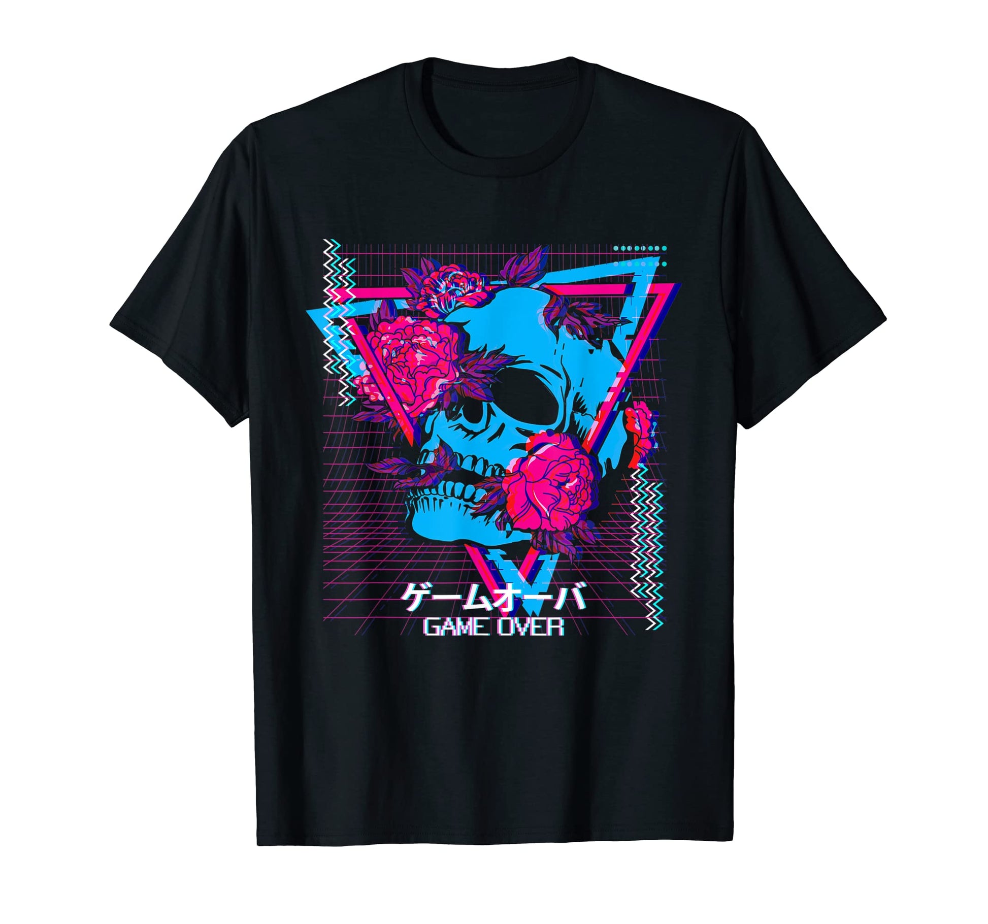 Skull And Roses Game Over Synthwave T-Shirt - Minimalist Print Men Women - T-Shirt, Sweatshirt, Hoodie