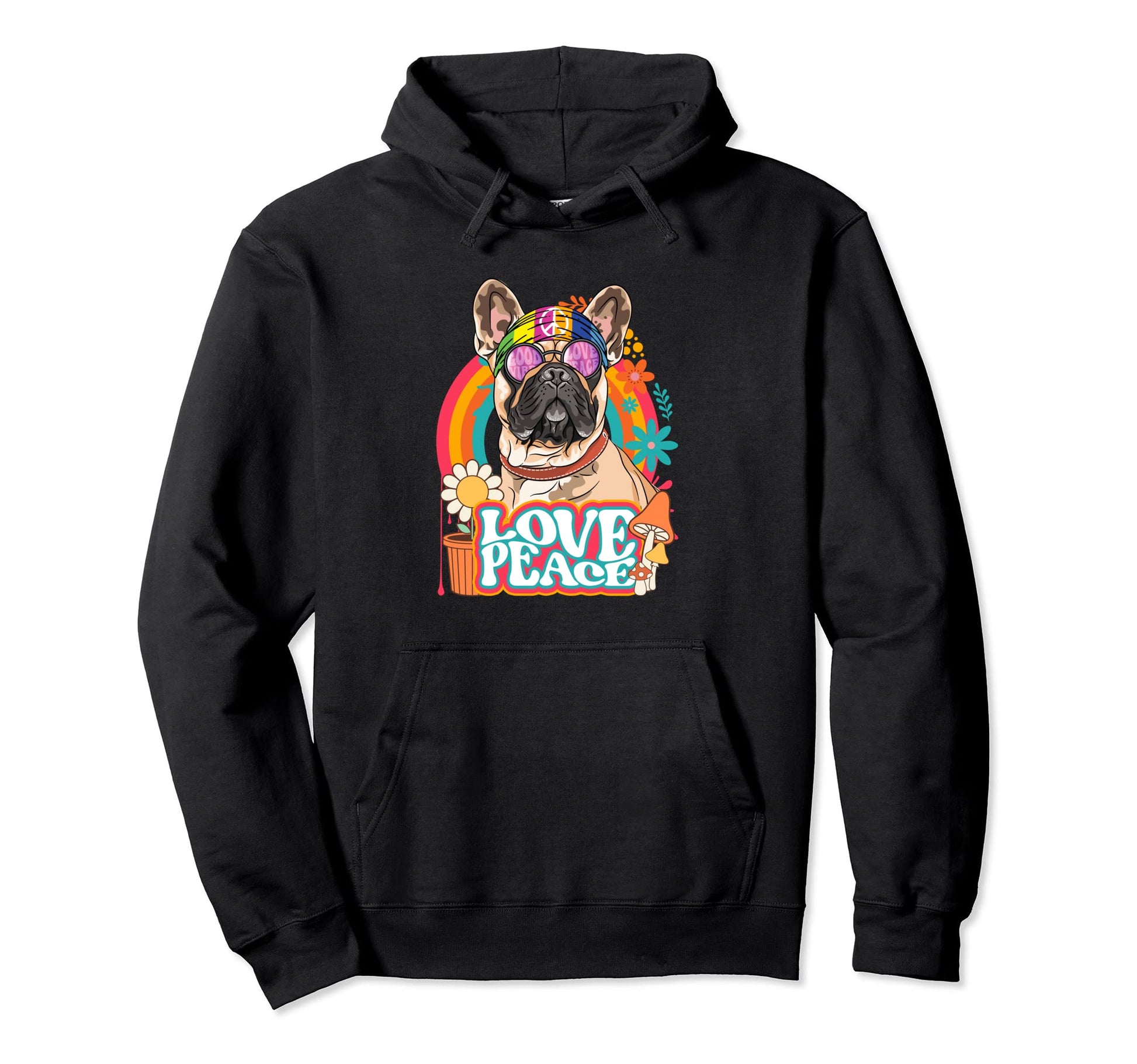 Hippie French Bulldog Dog 60S 70S Peace Sign Hoodie - Graphic Print Unisex - T-Shirt, Sweatshirt, Hoodie