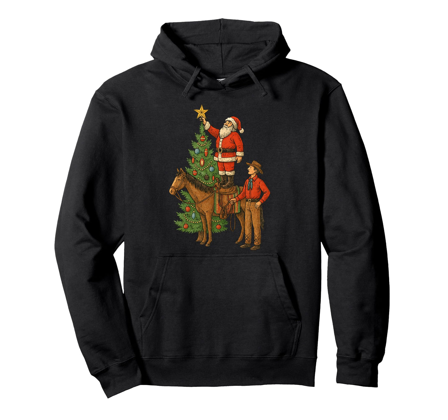 Santa Cowboy And Horse Decorating Tree Hoodie - Streetwear Style Unisex - T-Shirt, Sweatshirt, Hoodie