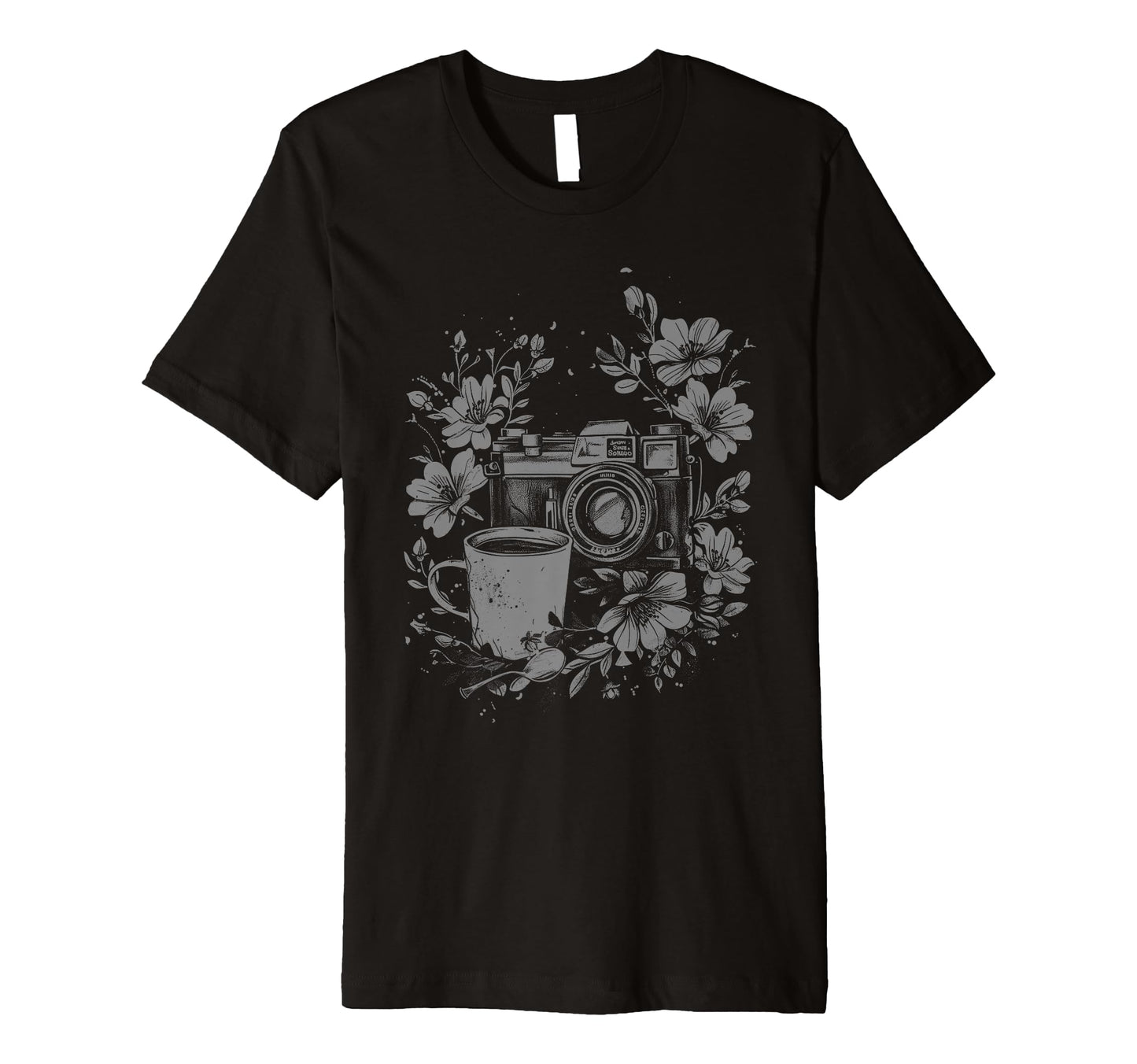 Photographer Coffee Camera Flowers T-Shirt - Trendy Graphic for Adults - T-Shirt, Sweatshirt, Hoodie