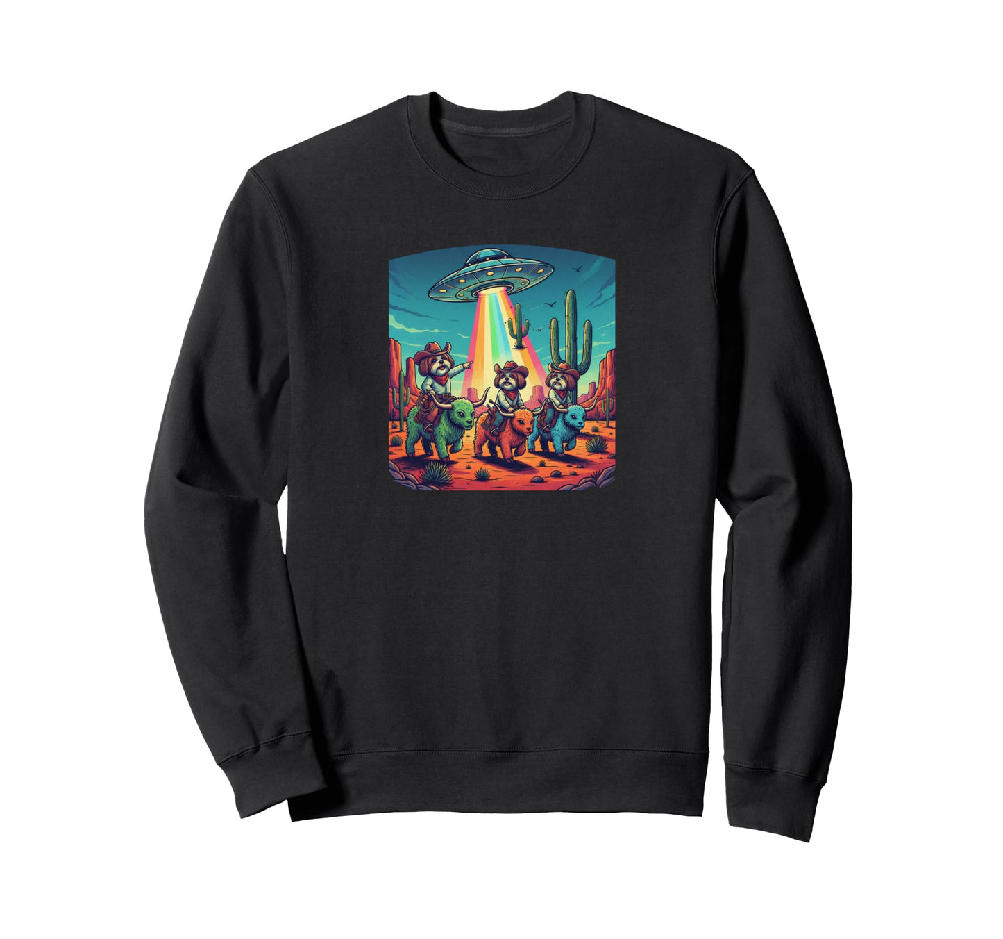 Shih Tzu Cowboys Ufo Western Sweatshirt - Custom Art Print Unisex - T-Shirt, Sweatshirt, Hoodie
