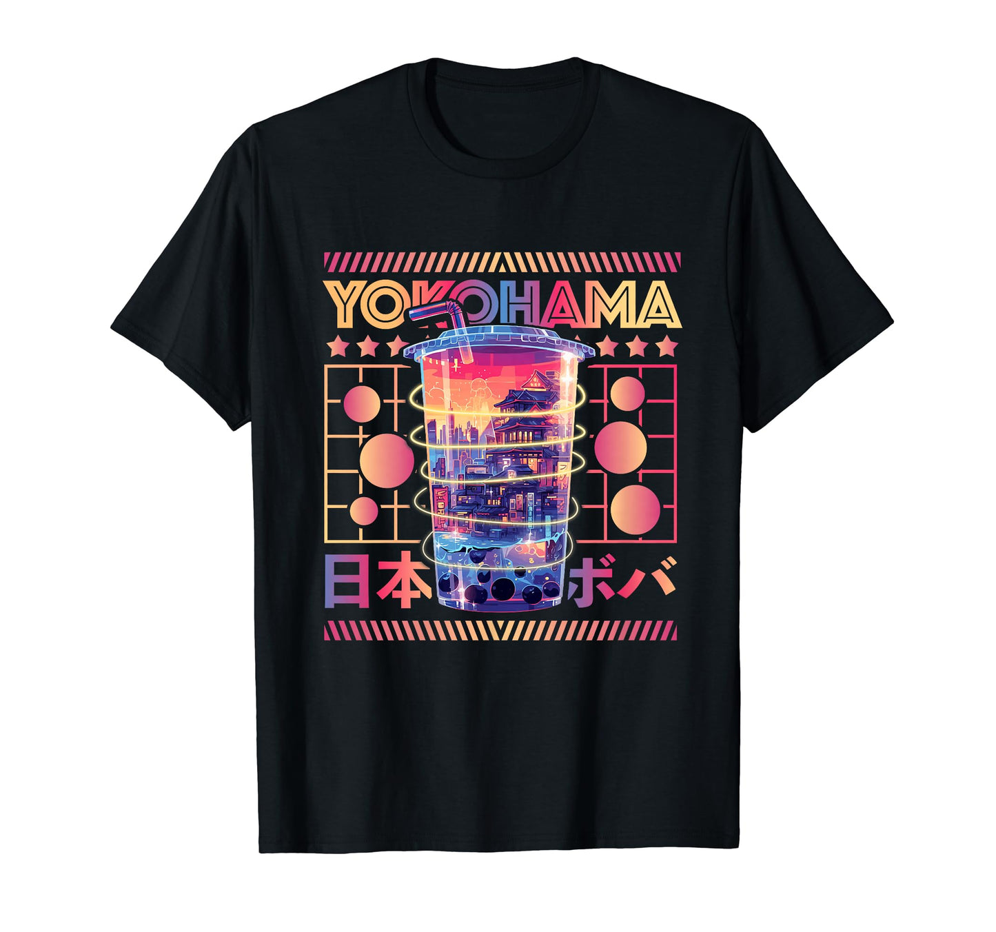 Yokohama City 80S Synthwave Boba Tea T-Shirt - Minimalist Print Unisex - T-Shirt, Sweatshirt, Hoodie