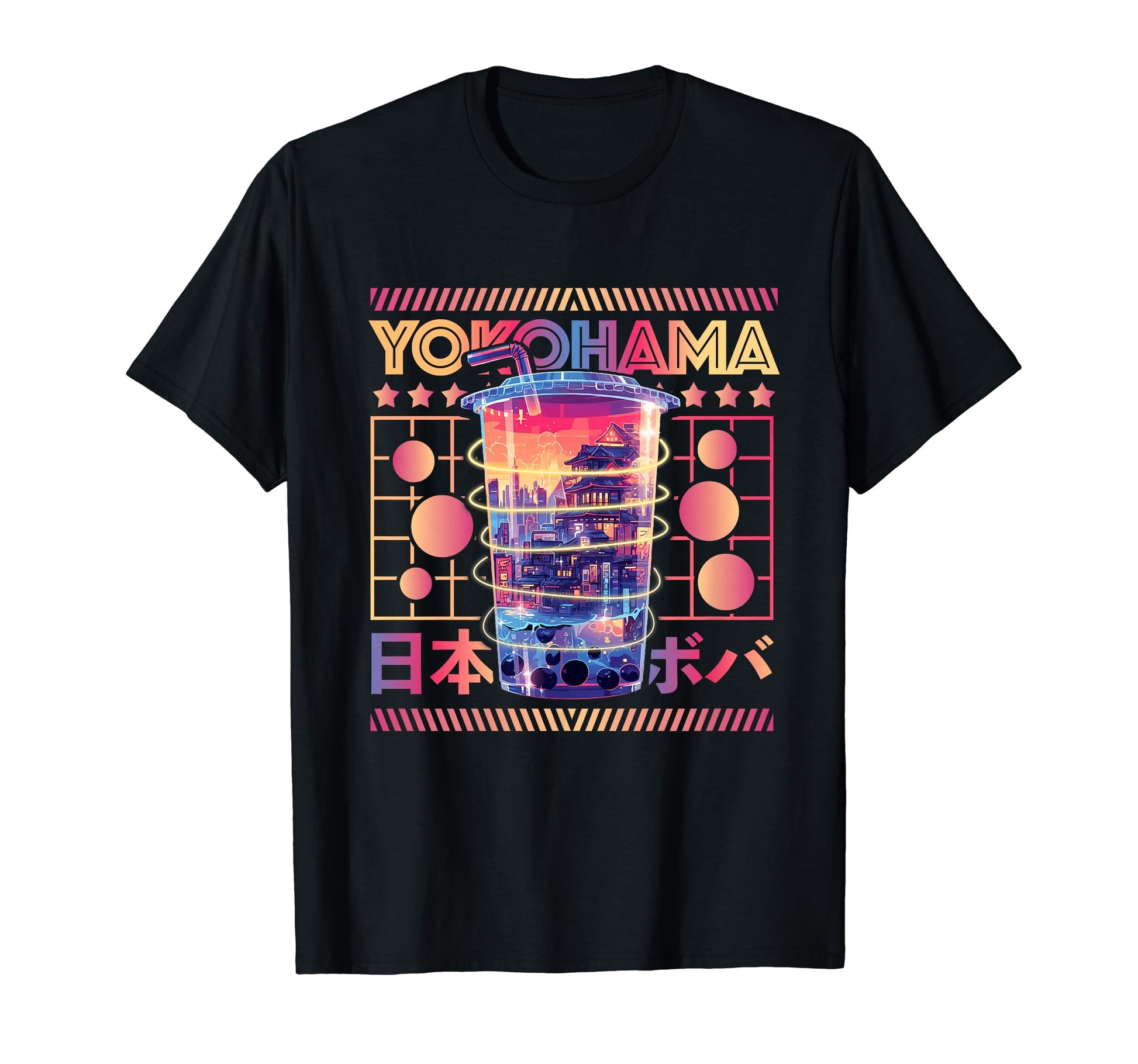 Yokohama City 80S Synthwave Boba Tea T-Shirt - Minimalist Print Unisex - T-Shirt, Sweatshirt, Hoodie