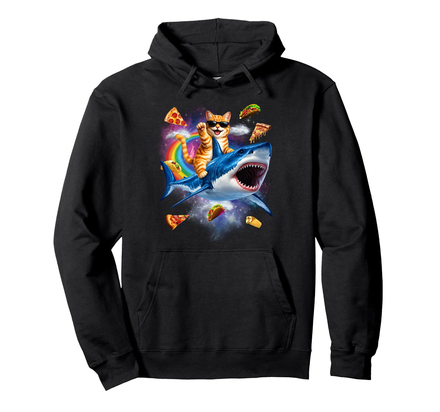 Orange Cat Riding Shark Pizza Taco Hoodie - Custom Art Print for Adults - T-Shirt, Sweatshirt, Hoodie