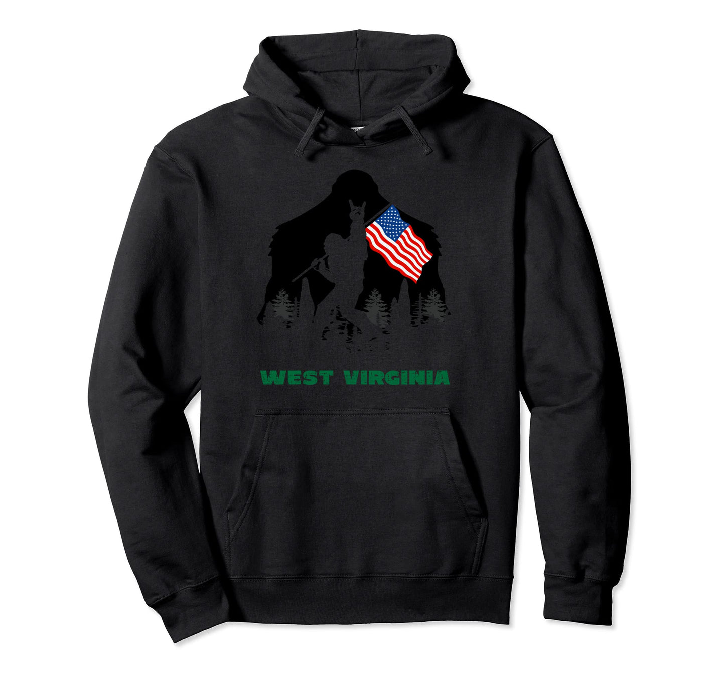 Sasquatch West Virginia Usa Flag Hoodie - Unique Graphic for Adults - T-Shirt, Sweatshirt, Hoodie