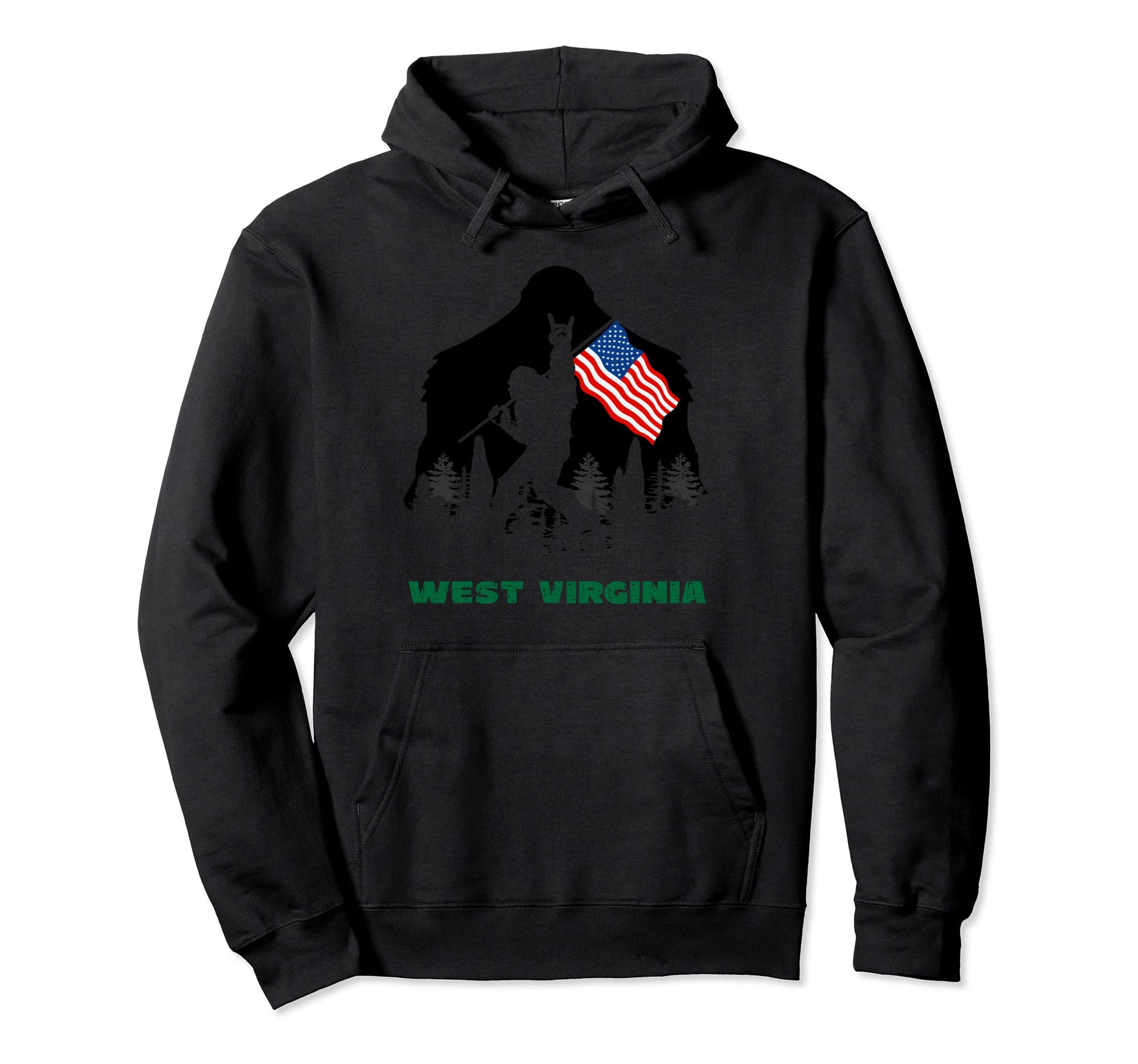 Sasquatch West Virginia Usa Flag Hoodie - Unique Graphic for Adults - T-Shirt, Sweatshirt, Hoodie