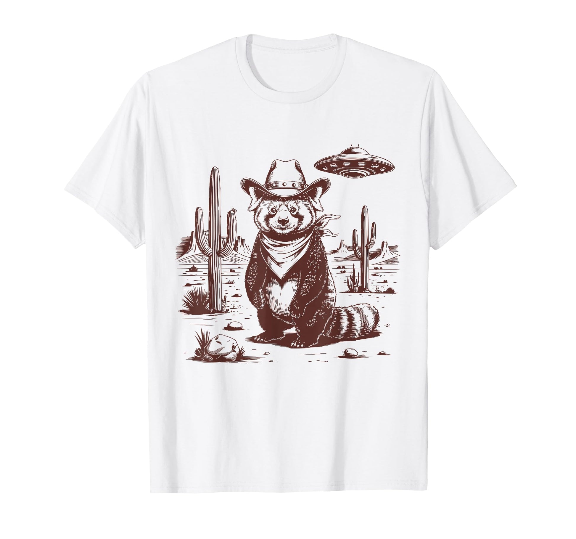 Red Panda Ufo Western Alien 90S Cowboy T-Shirt - Trendy Graphic for Adults - T-Shirt, Sweatshirt, Hoodie