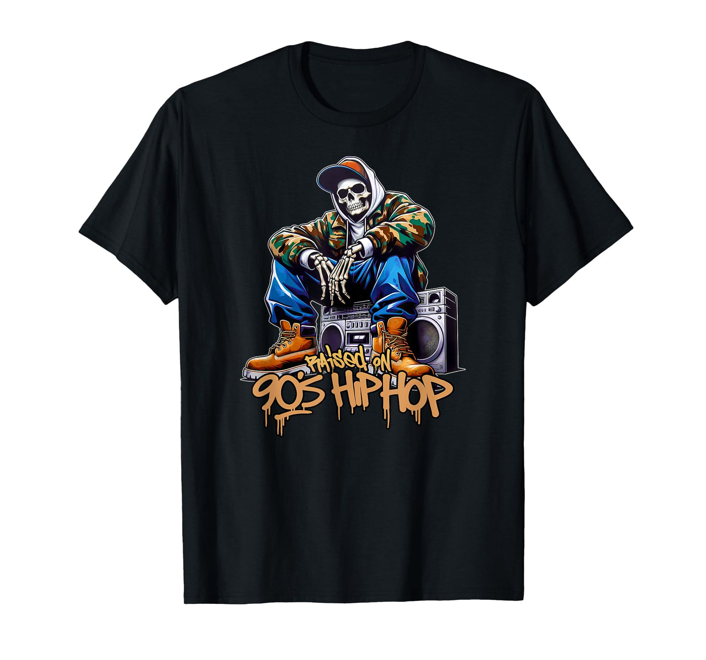 Raised 90S Hip Hop Dope Skeleton T-Shirt - Fun Novelty Design for Adults - T-Shirt, Sweatshirt, Hoodie