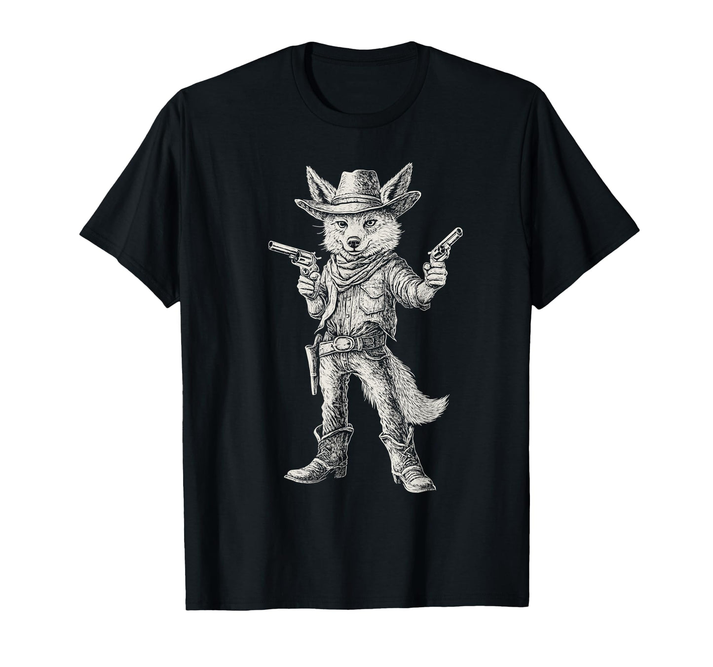 Dual Pistol Coyote Cowboy Western Art T-Shirt - Unique Graphic for Adults - T-Shirt, Sweatshirt, Hoodie