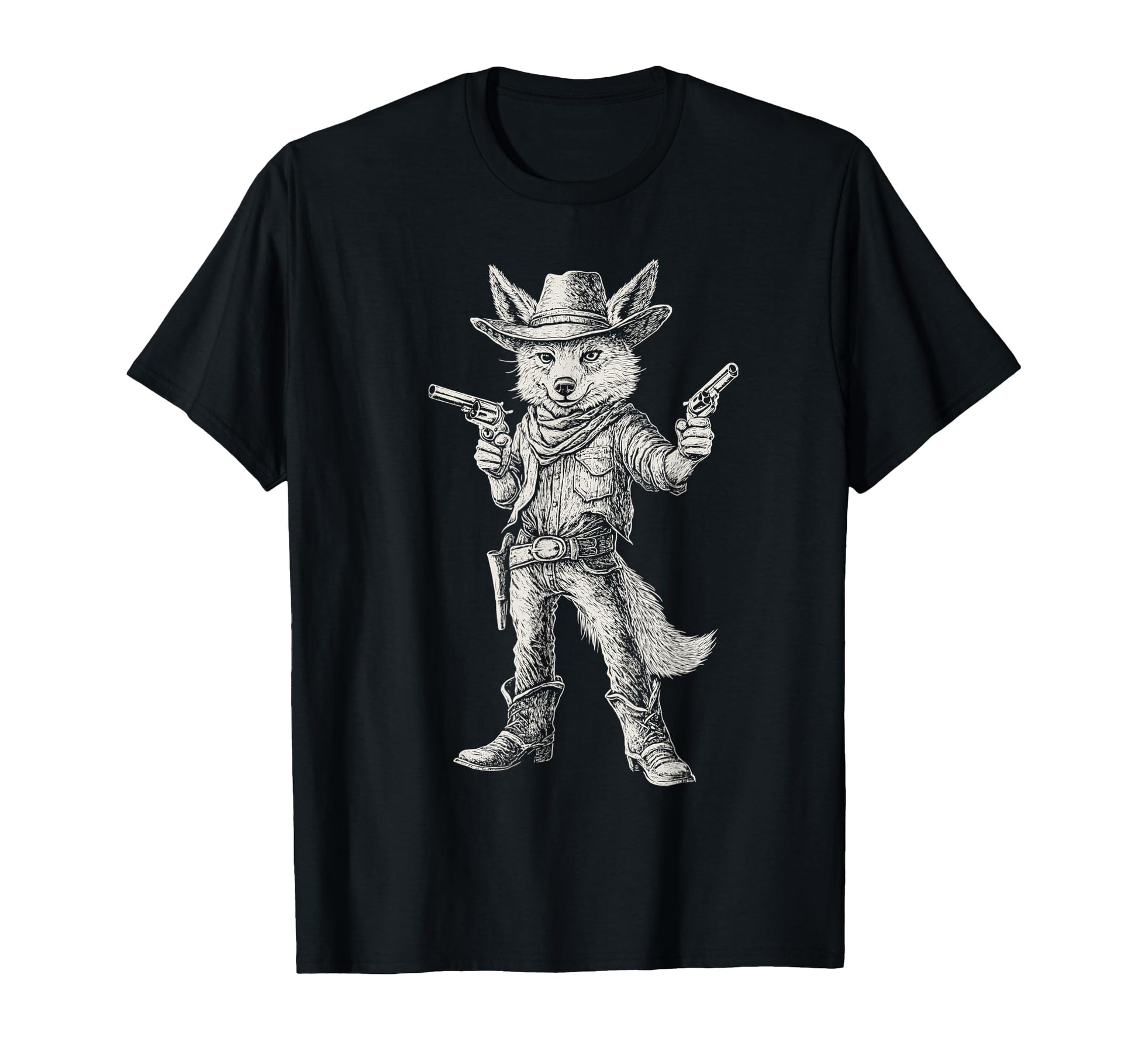 Dual Pistol Coyote Cowboy Western Art T-Shirt - Unique Graphic for Adults - T-Shirt, Sweatshirt, Hoodie