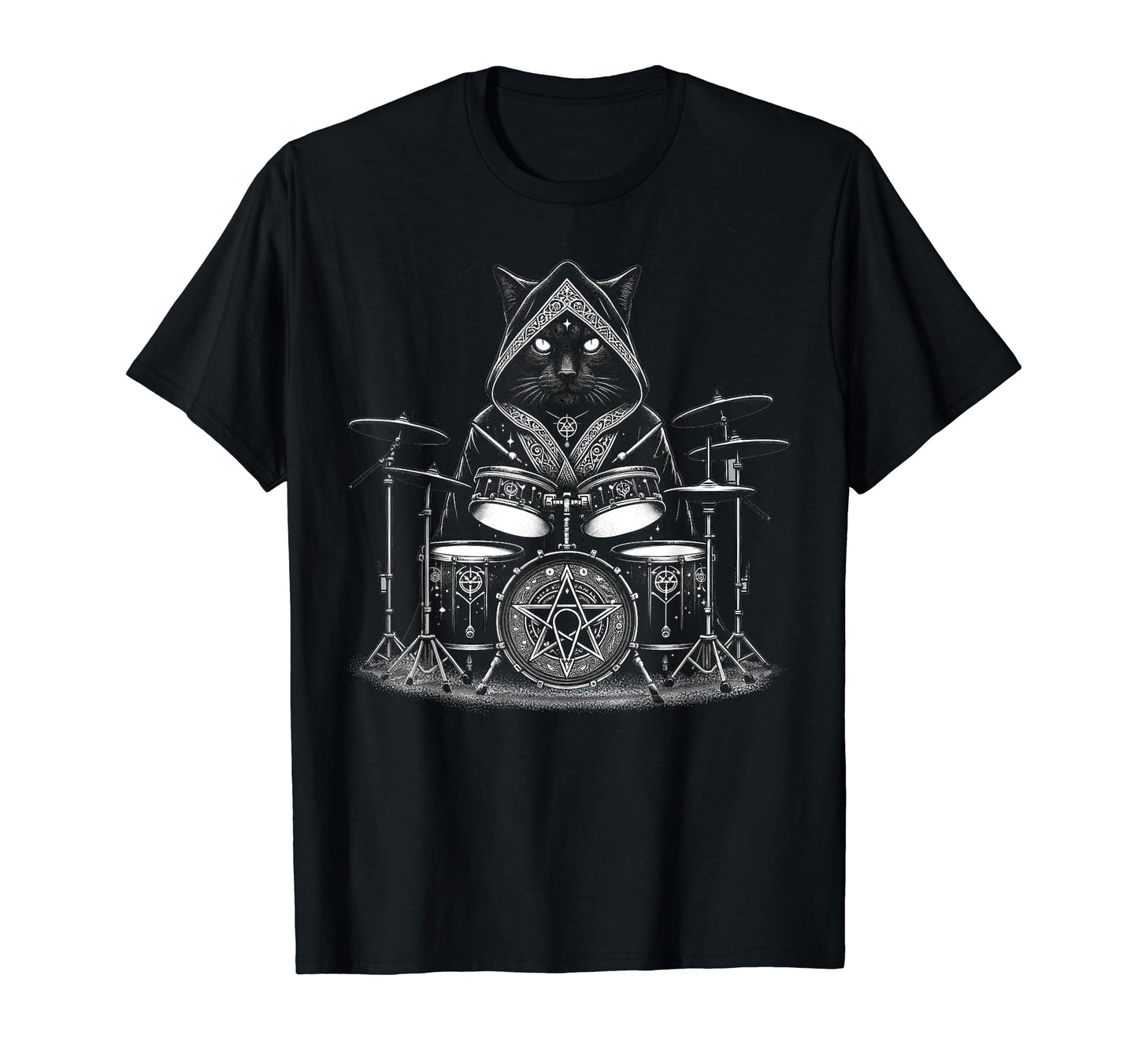 Death Metal Satanic Cat Playing Drums T-Shirt - Trendy Graphic for Adults - T-Shirt, Sweatshirt, Hoodie