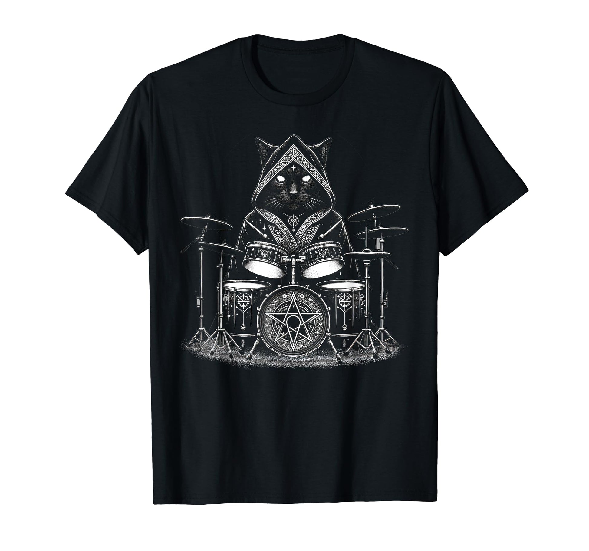 Death Metal Satanic Cat Playing Drums T-Shirt - Trendy Graphic for Adults - T-Shirt, Sweatshirt, Hoodie