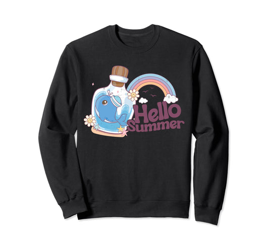Blue Whale Rainbow Hello Summer Beach Sweatshirt - Unique Graphic Unisex - T-Shirt, Sweatshirt, Hoodie