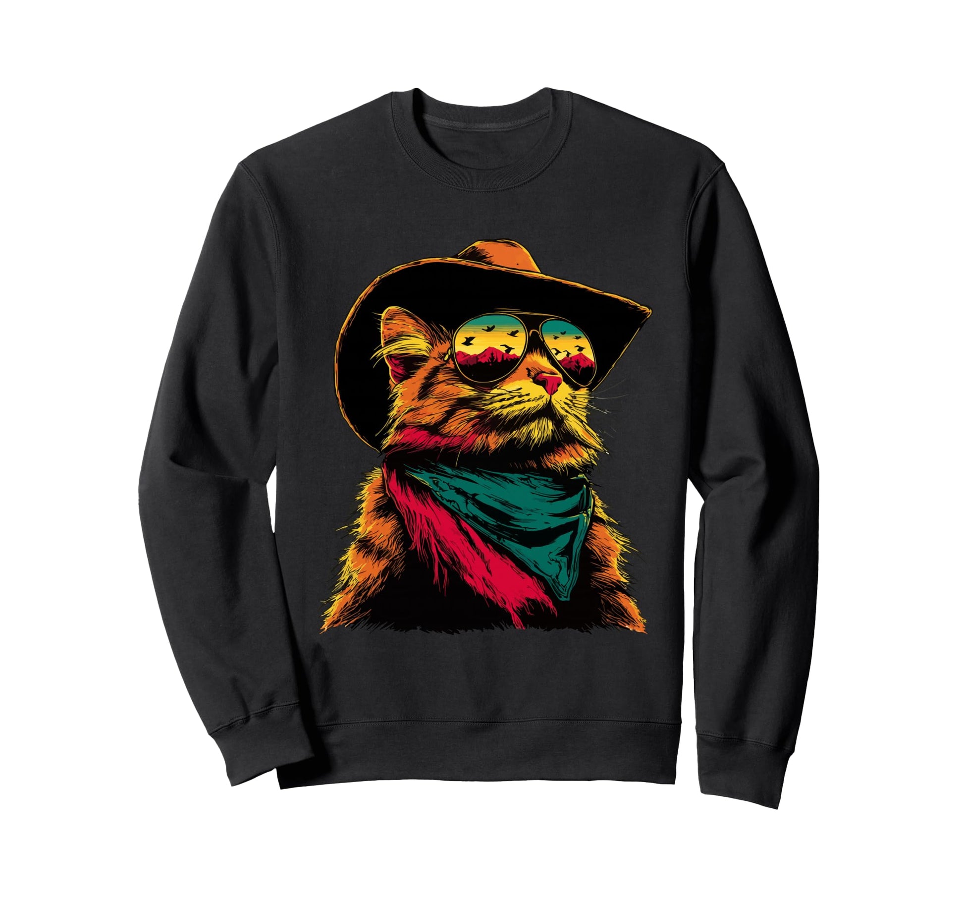 Colorful Tabby Cat Sunglasses Cowboy Sweatshirt - Aesthetic Graphic Unisex - T-Shirt, Sweatshirt, Hoodie