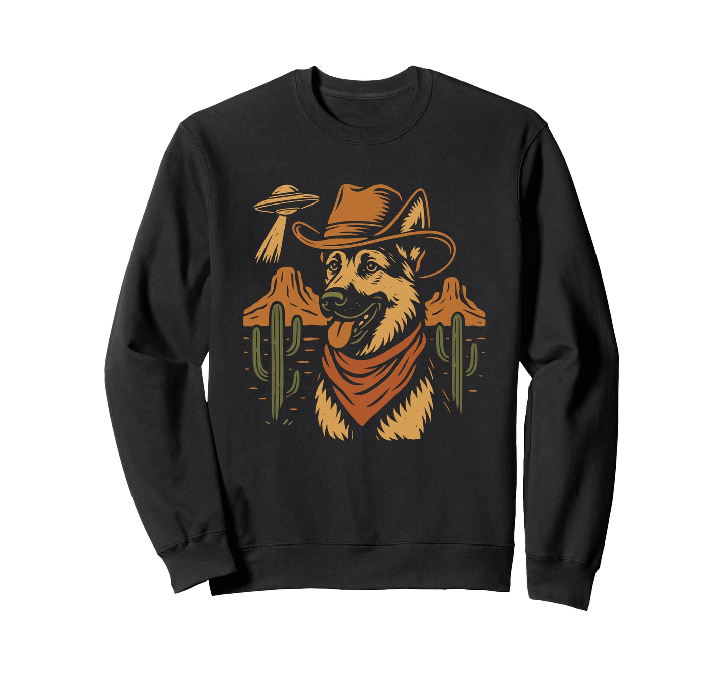 Western German Shepherd Cowboy Dog Ufo Sweatshirt - Unique Graphic Unisex - T-Shirt, Sweatshirt, Hoodie