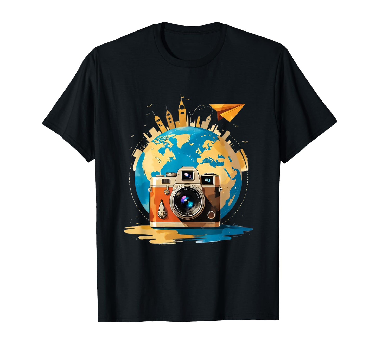 Camera And Globe Travel Art T-Shirt - Fun Novelty Design for Adults - T-Shirt, Sweatshirt, Hoodie