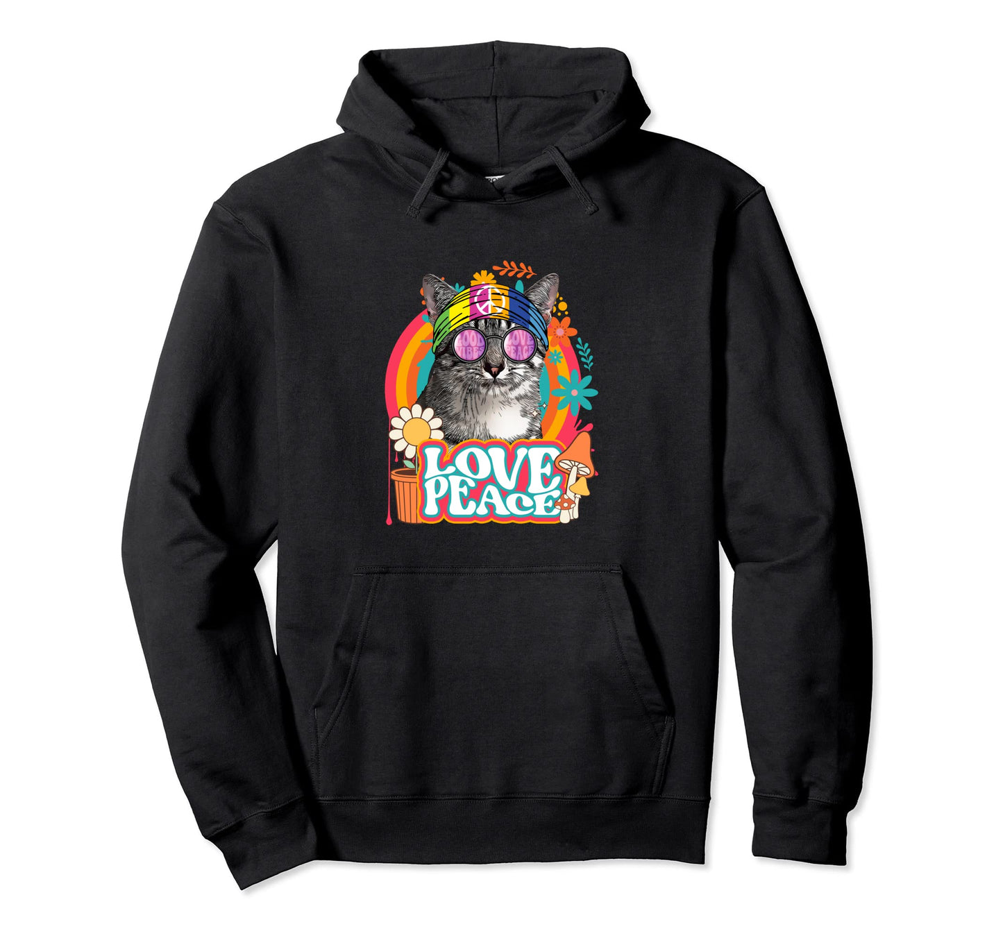 Hippie Cat Rainbow 60S 70S Peace Sign Hoodie - Minimalist Print Men Women - T-Shirt, Sweatshirt, Hoodie