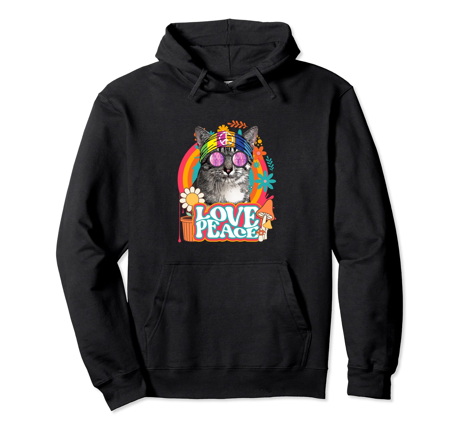 Hippie Cat Rainbow 60S 70S Peace Sign Hoodie - Minimalist Print Men Women - T-Shirt, Sweatshirt, Hoodie