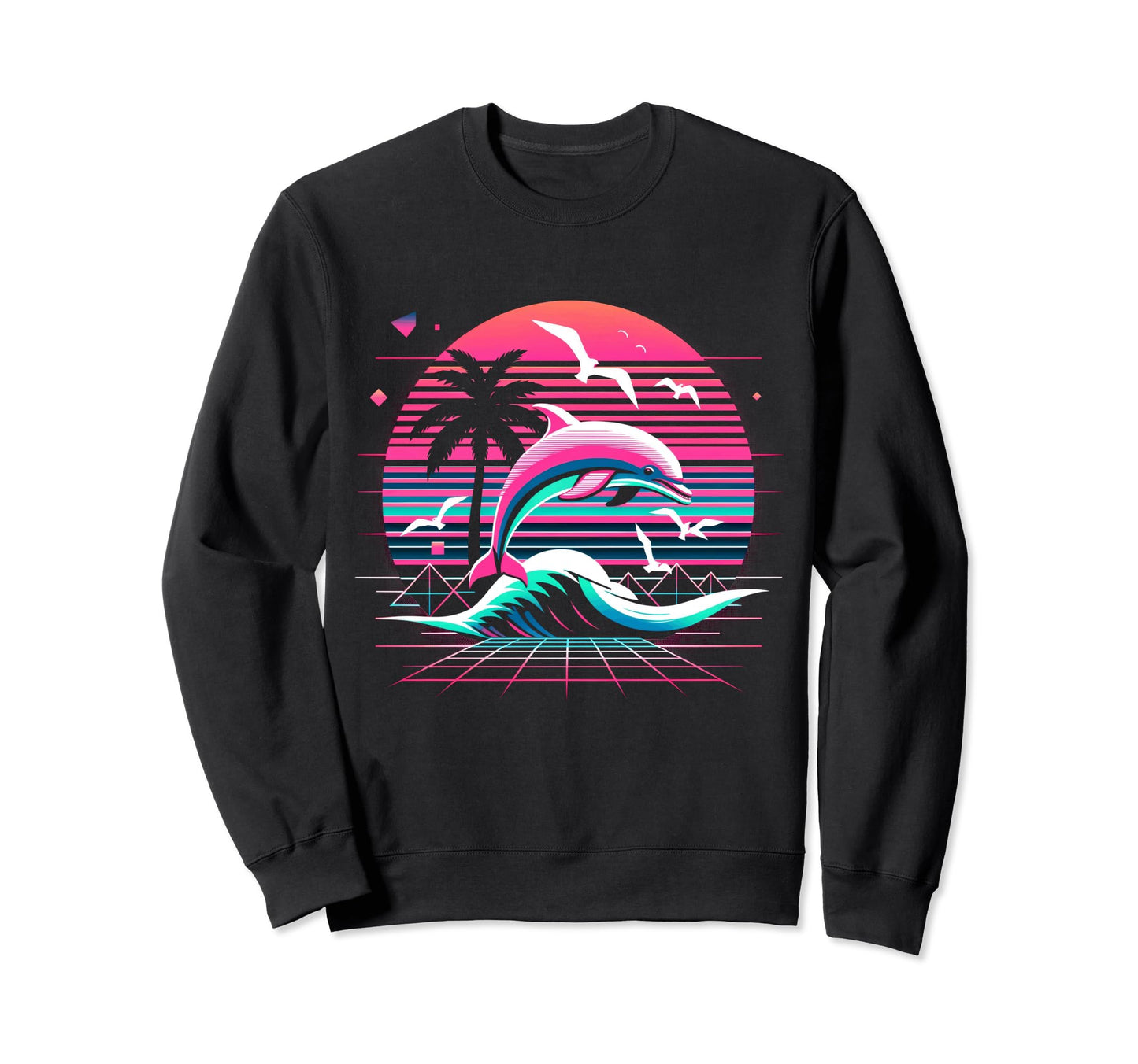 Dolphin Palm Sunset Vaporwave 80S Sweatshirt - Unique Graphic for Adults - T-Shirt, Sweatshirt, Hoodie