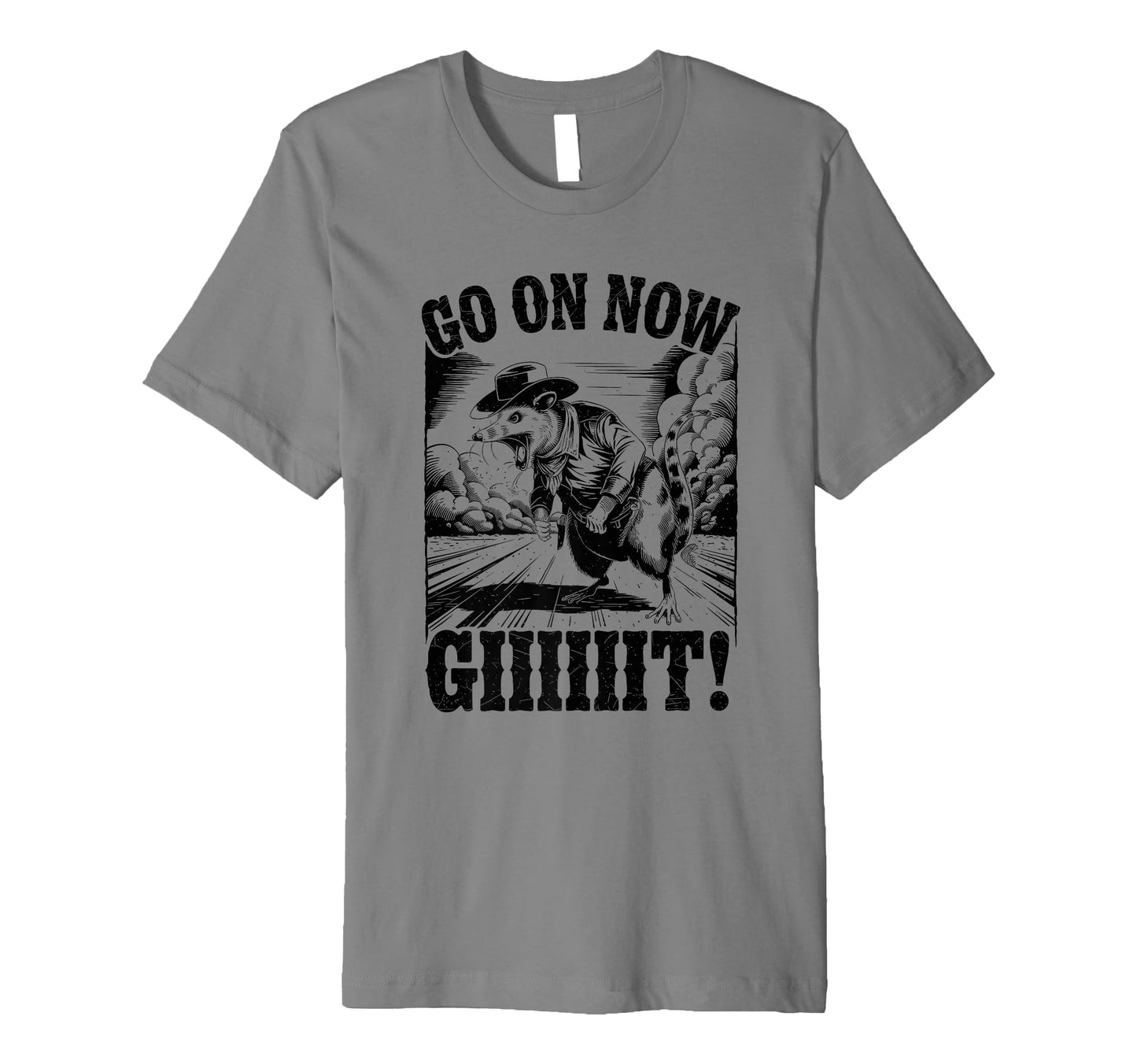 Go Now Git Cowboy Opossum Country T-Shirt - Minimalist Print for Adults - T-Shirt, Sweatshirt, Hoodie