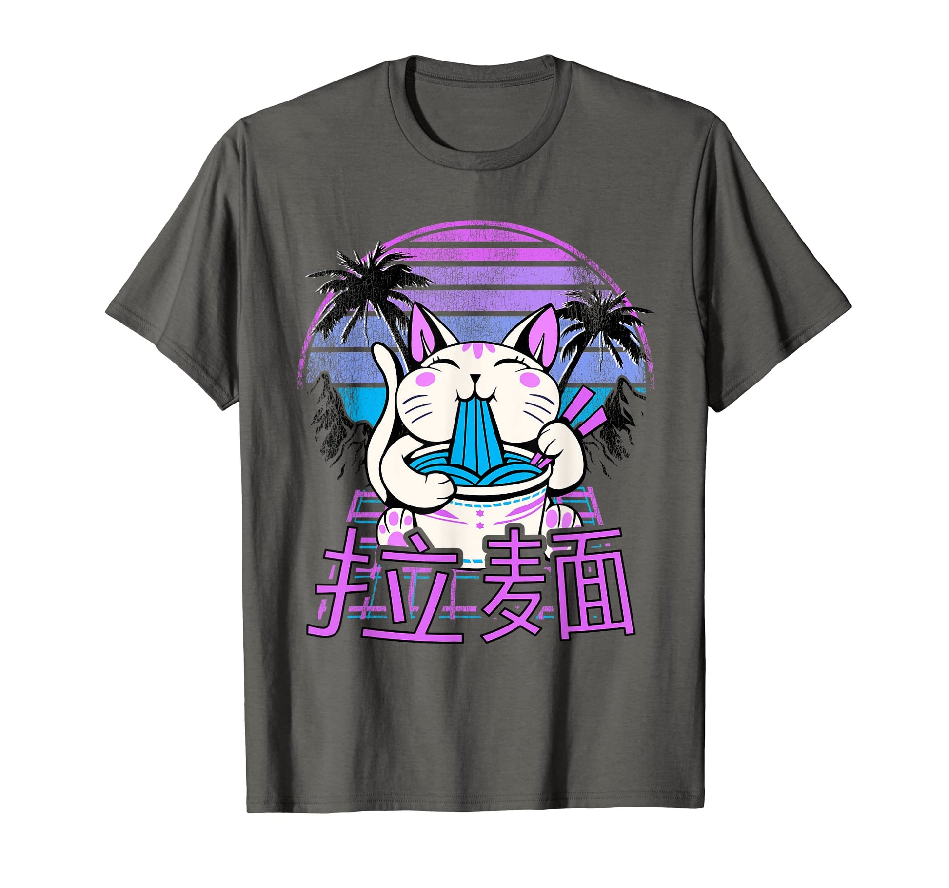 Ramen Cat Anime Retrowave Sunset 80S T-Shirt - Minimalist Print Unisex - T-Shirt, Sweatshirt, Hoodie