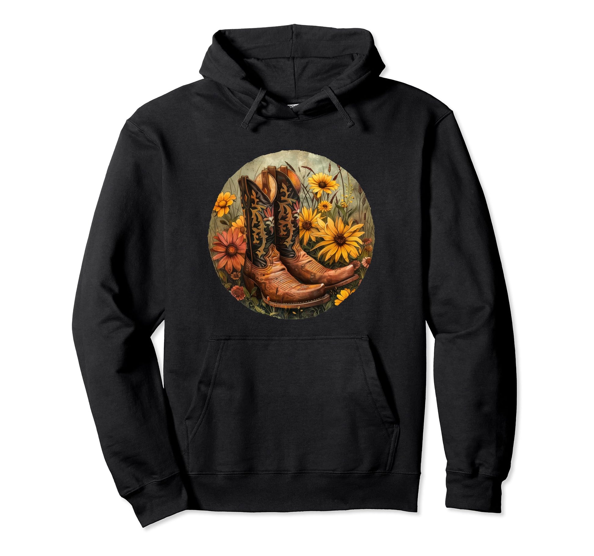 Cowboy Cowgirl Boots Sunflowers Vibes Hoodie - Custom Art Print Men Women - T-Shirt, Sweatshirt, Hoodie
