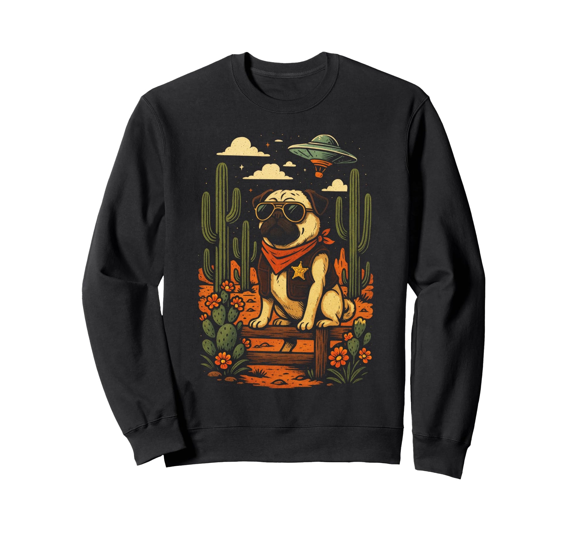 Pug Sheriff Funny Cowboy Alien 90S Sweatshirt - Minimalist Print Men Women - T-Shirt, Sweatshirt, Hoodie