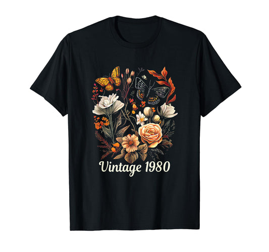 1980 Boho Rose Floral Flower Butterfly T-Shirt - Custom Art Print Unisex - T-Shirt, Sweatshirt, Hoodie
