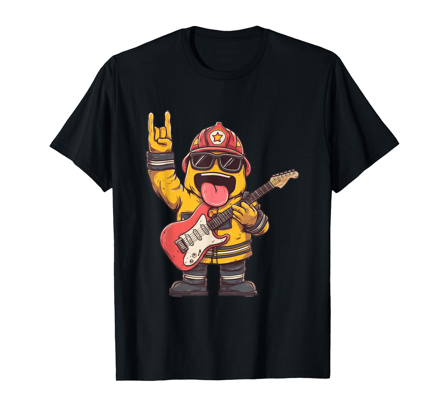 Funny Cartoon Firefighter Guitar T-Shirt - Fun Novelty Design Men Women - T-Shirt, Sweatshirt, Hoodie