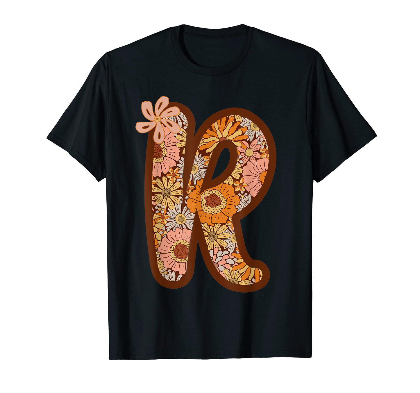 Boho Groovy Floral Letter R Initial T-Shirt - Unique Graphic Men Women - T-Shirt, Sweatshirt, Hoodie
