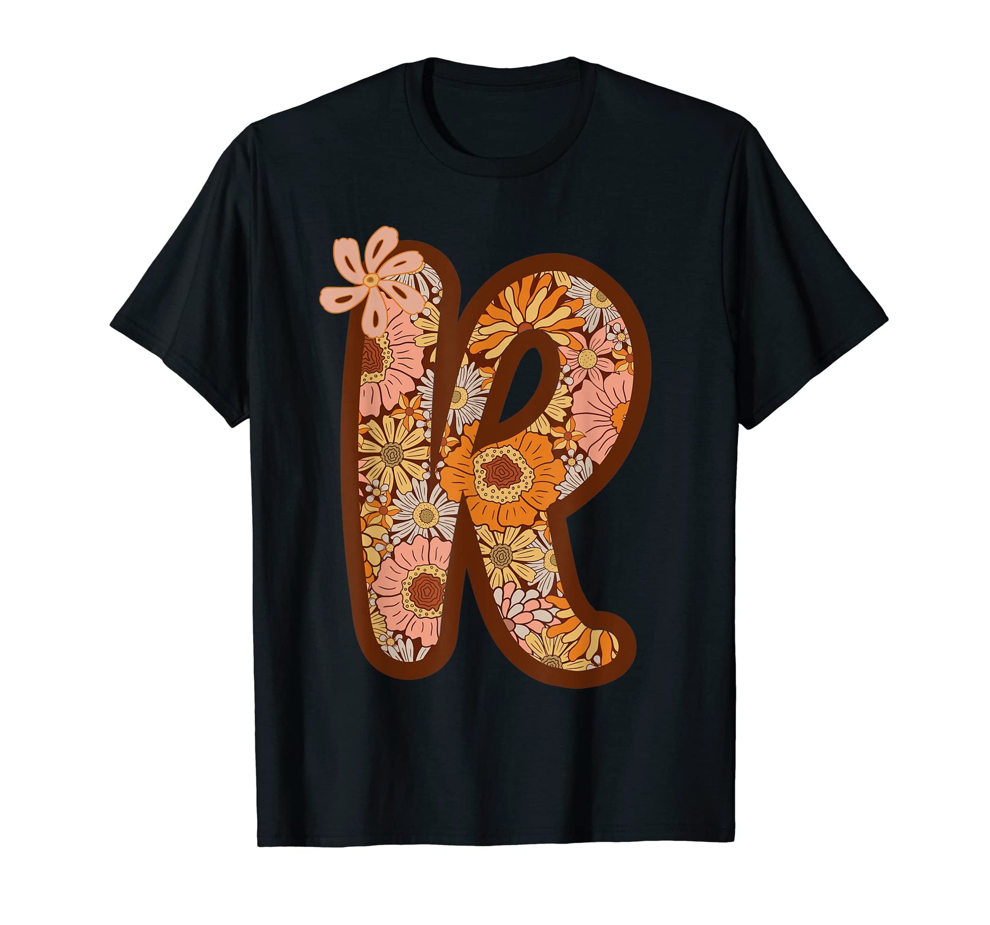 Boho Groovy Floral Letter R Initial T-Shirt - Unique Graphic Men Women - T-Shirt, Sweatshirt, Hoodie