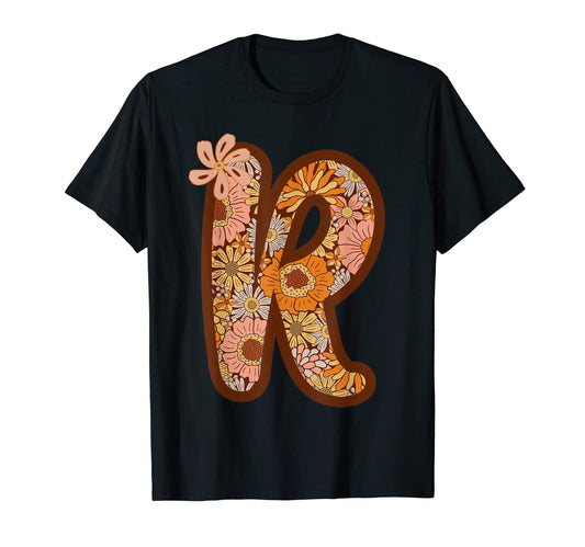 Boho Groovy Floral Letter R Initial T-Shirt - Unique Graphic Men Women - T-Shirt, Sweatshirt, Hoodie