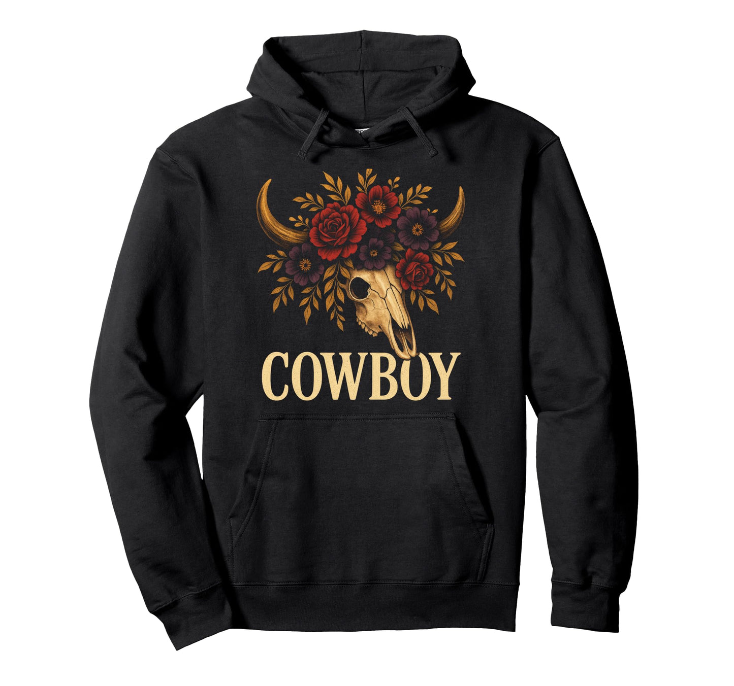 Cowboy Cow Skull Western Flowers Hoodie - Unique Graphic Men Women - T-Shirt, Sweatshirt, Hoodie