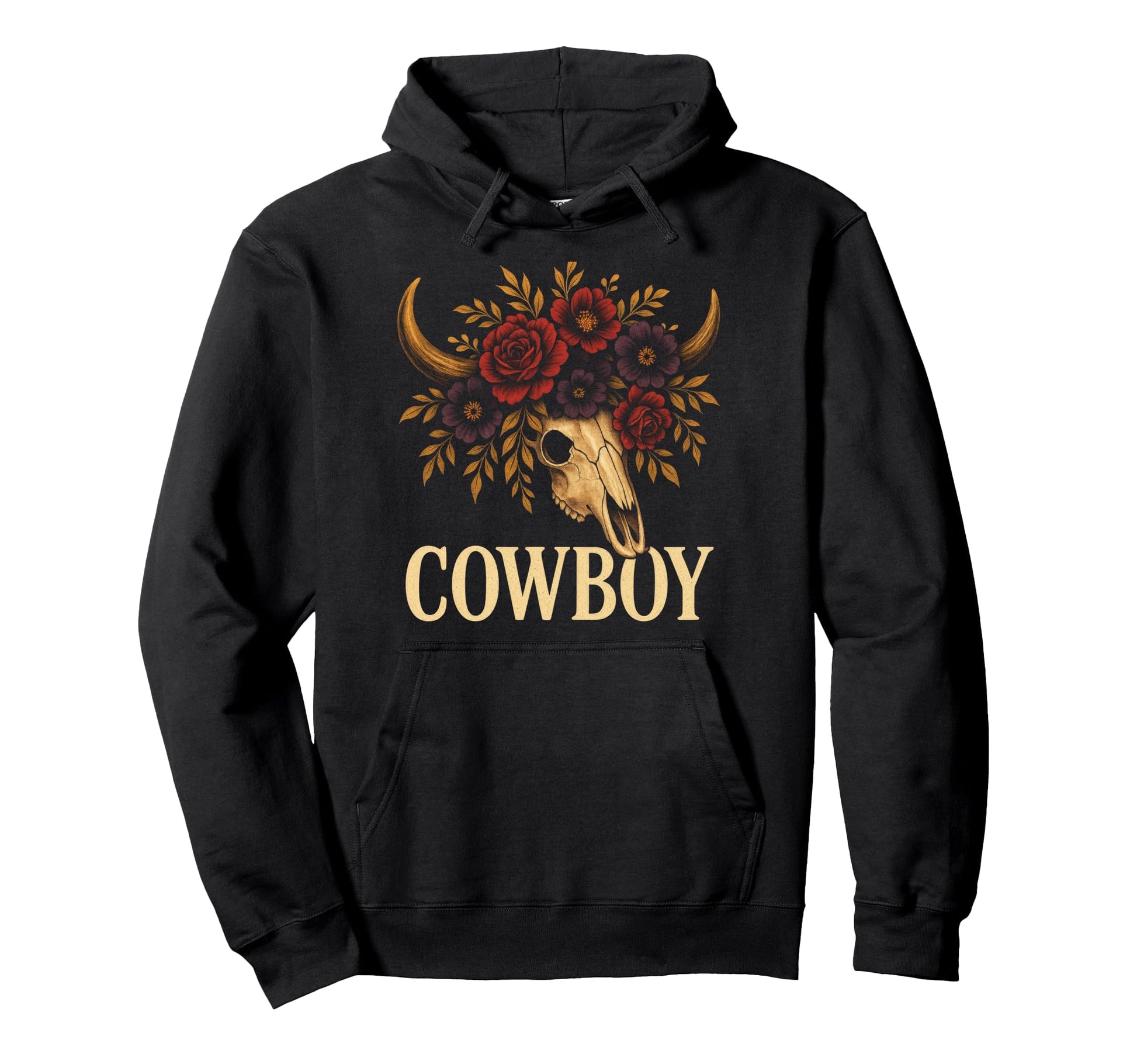Cowboy Cow Skull Western Flowers Hoodie - Unique Graphic Men Women - T-Shirt, Sweatshirt, Hoodie