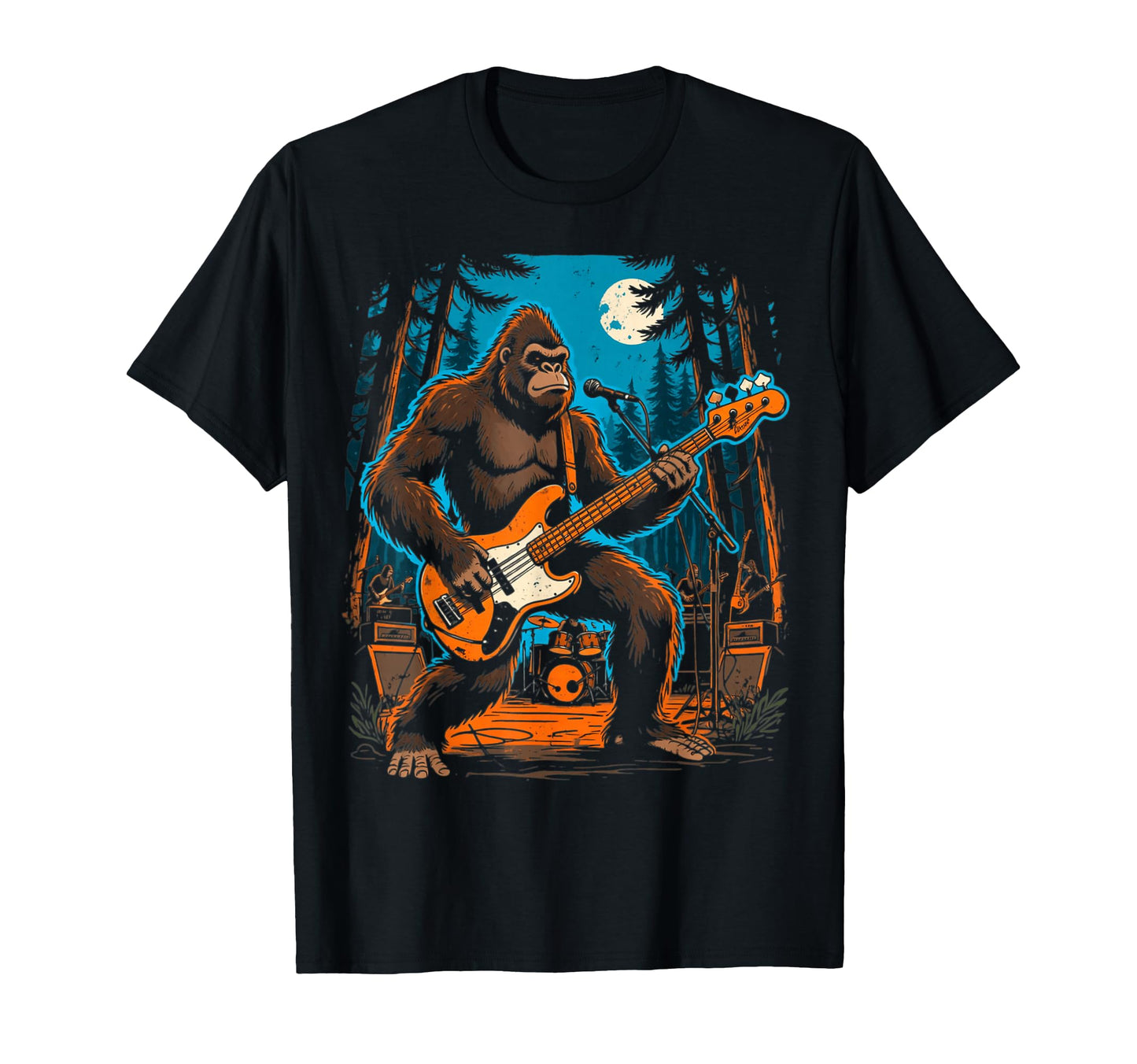 Bigfoot Playing Bass Guitar Moonlight T-Shirt - Trendy Graphic Men Women - T-Shirt, Sweatshirt, Hoodie