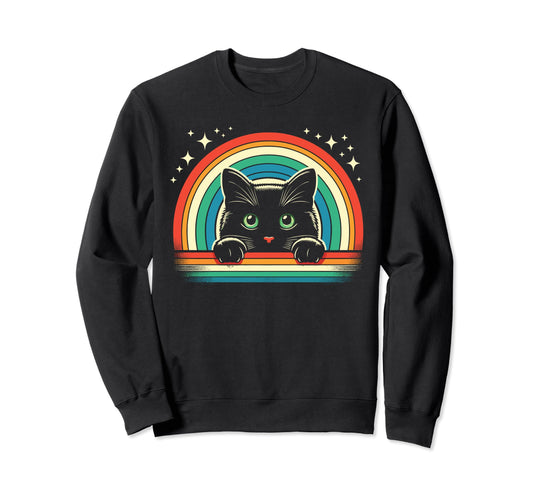 Black Cat Green Eyes And Rainbow Sweatshirt - Aesthetic Graphic Men Women - T-Shirt, Sweatshirt, Hoodie