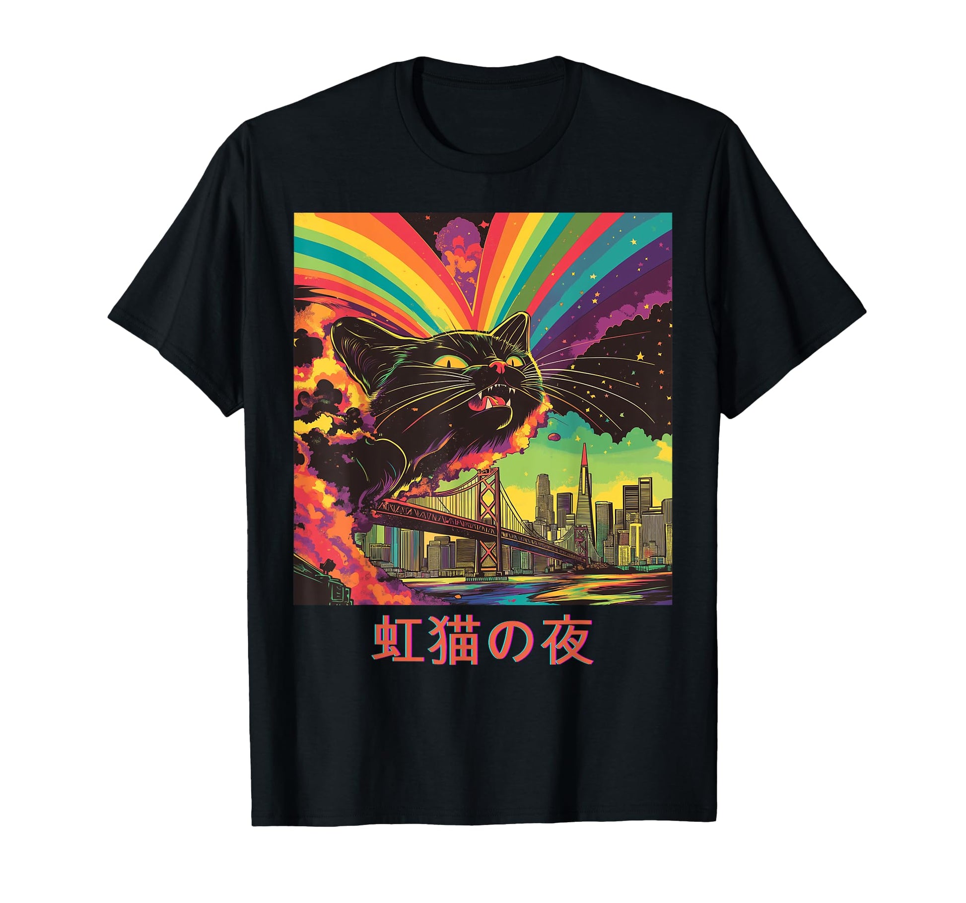 Psychedelic Rainbow Cat Night City T-Shirt - Graphic Print Men Women - T-Shirt, Sweatshirt, Hoodie