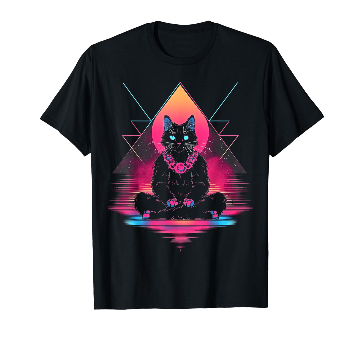 Synthwave Cat Samurai Mediation T-Shirt - Fun Novelty Design for Adults - T-Shirt, Sweatshirt, Hoodie